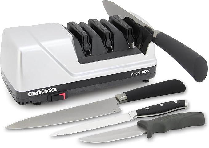 Chef’sChoice 15XV EdgeSelect Professional Electric Knife Sharpener with 100-Percent Diamond Abrasives and Precision Angle Guides for Straight Edge and Serrated Knives, 3-Stage, Gray