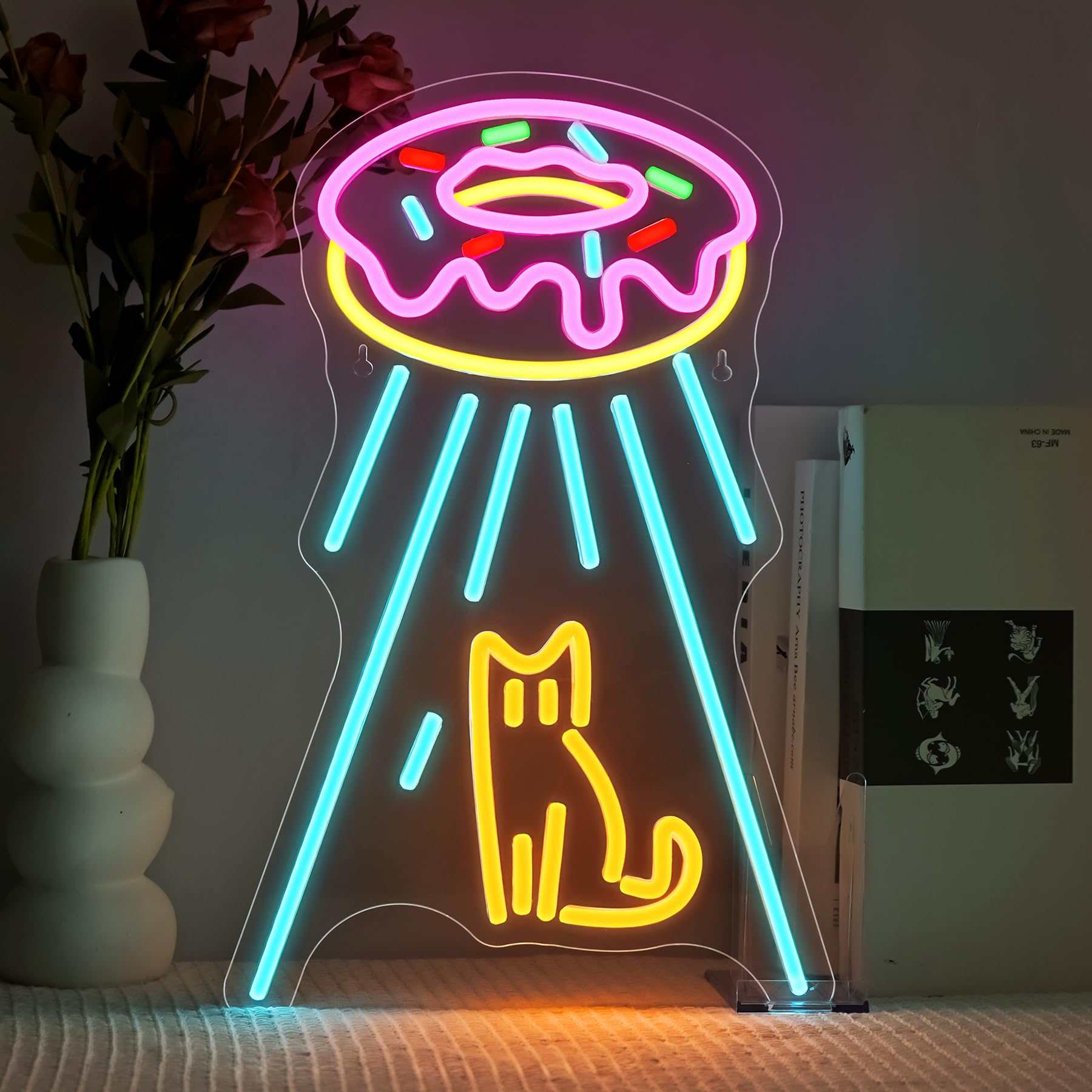 SIGNSHIP Neon Cat Space Ship Dimmable LED Panel Wall Decor Donuts UFO Space Ship Cat Led Neon Sign Sign Light for Dessert Shop Kitchen Bedroom — image 1