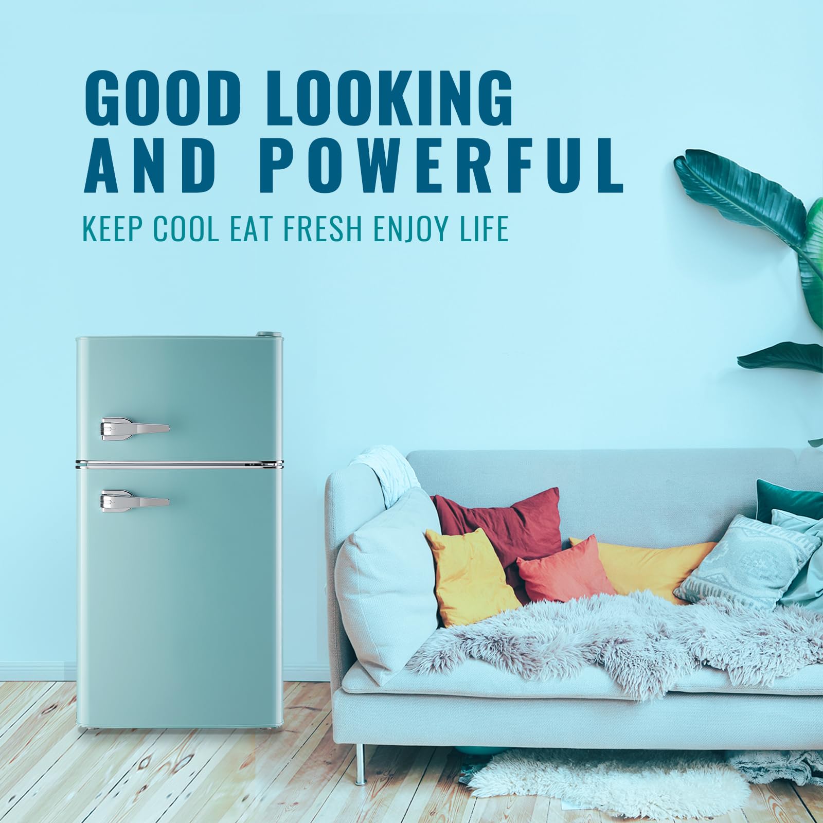 WANAI Small Refrigerator 3.5 Cu.Ft Retro Mini Fridge Freezer Two Doors Handles For Home Dorm College Office Freestanding Blue Refrigerator With LED Light And Galss Shelves on Fridge.com - View 4