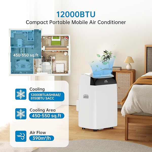 Climatiseur Mobile Silencieux 12000 BTU Climatiseur Portable sans Unité Extérieure,Écologique R290,Climatisation Mobile 4 Fonctions Refroidissement/Déshumidification/Ventilation/Suivi - 2