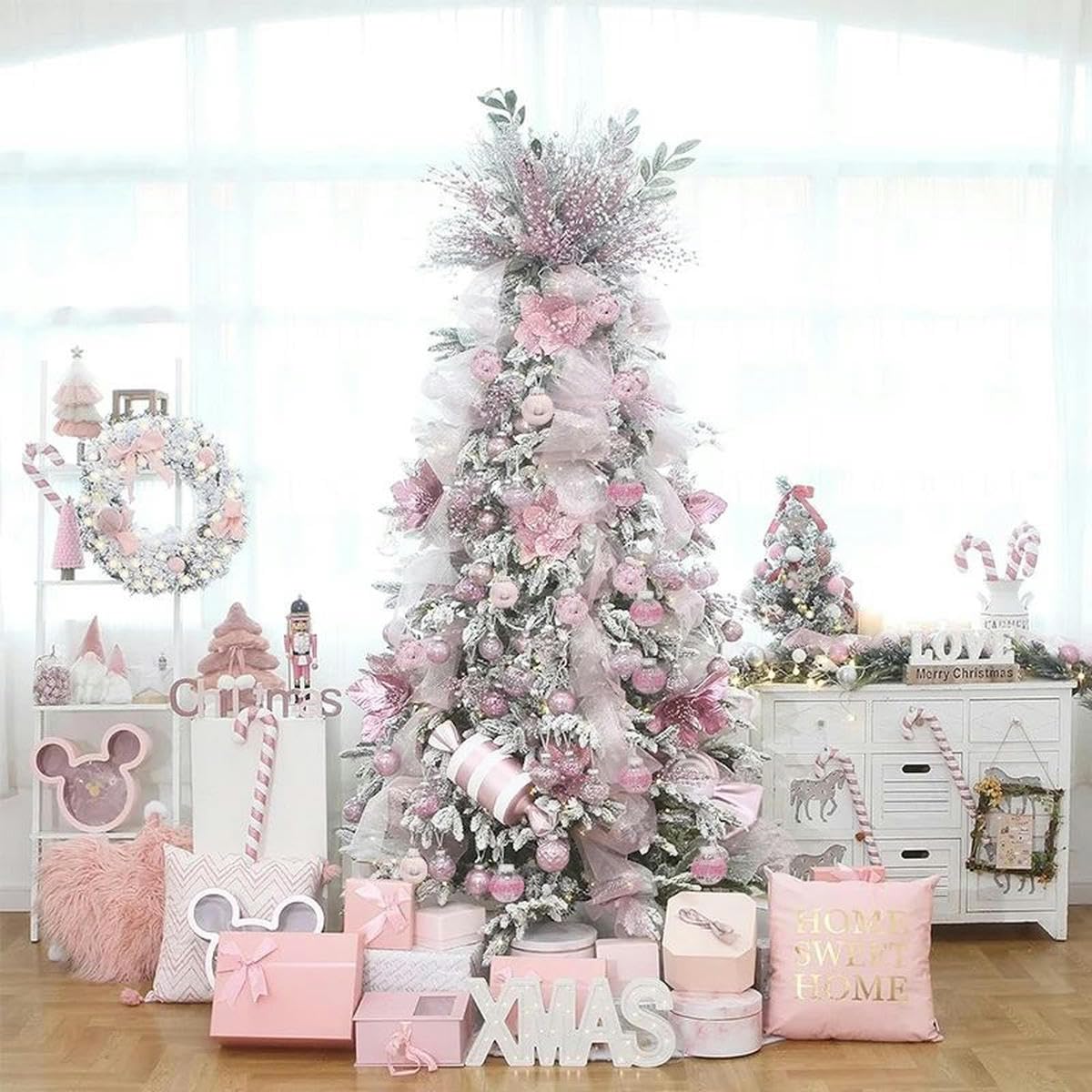 25/65 Bolas de Navidad Rosadas para decoración de árbol de Navidad, esferas pintadas, Adornos de Bolas Colgantes para el hogar, Vacaciones, 65 Piezas, 05 a 2.4 in