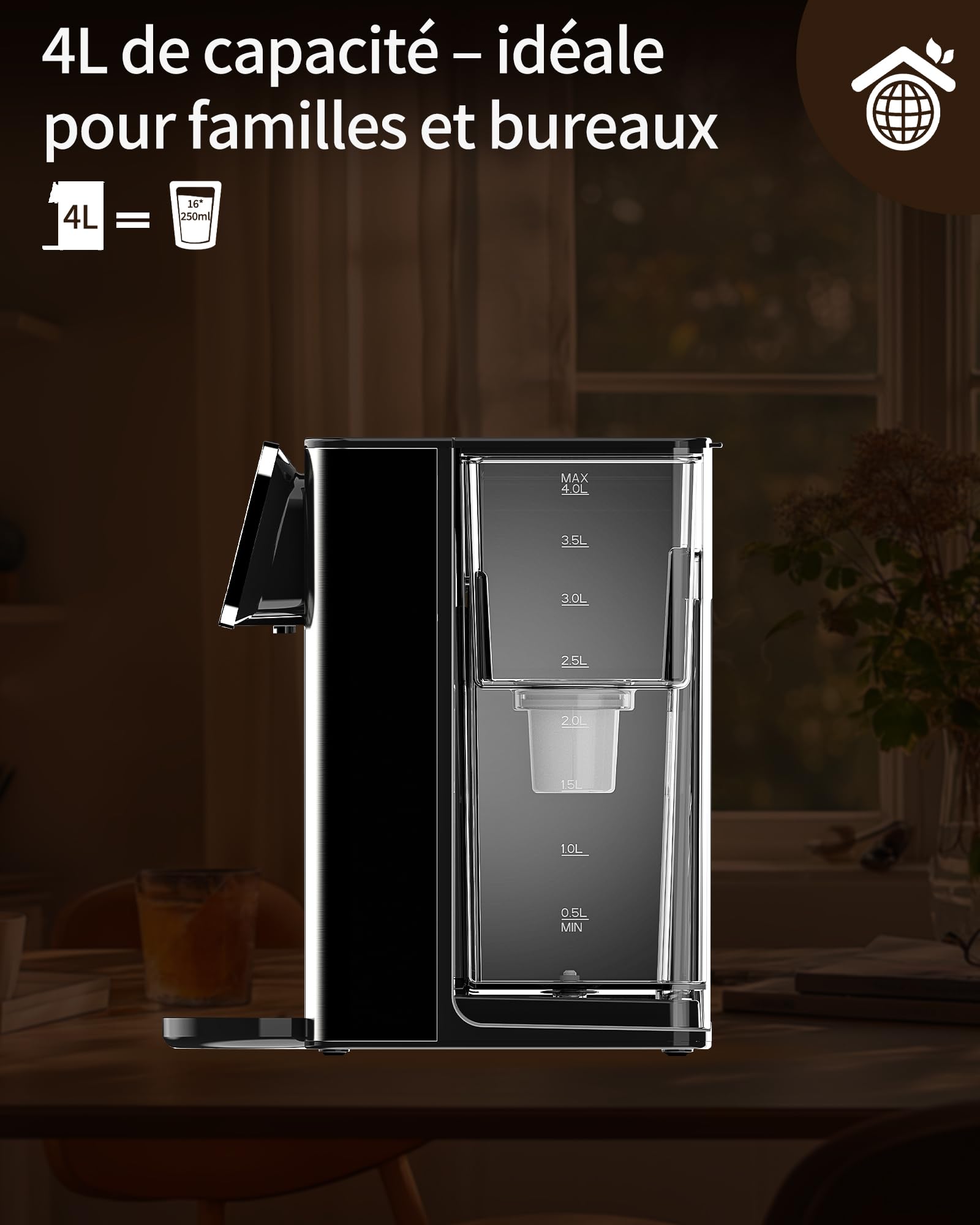 Distributeur d'eau chaude UR05-2200W – Eau chaude en quelques secondes, 4 niveaux de température & 3 volumes d’eau, réservoir 4L, compact, filtre à charbon actif, pour cuisine & bureau