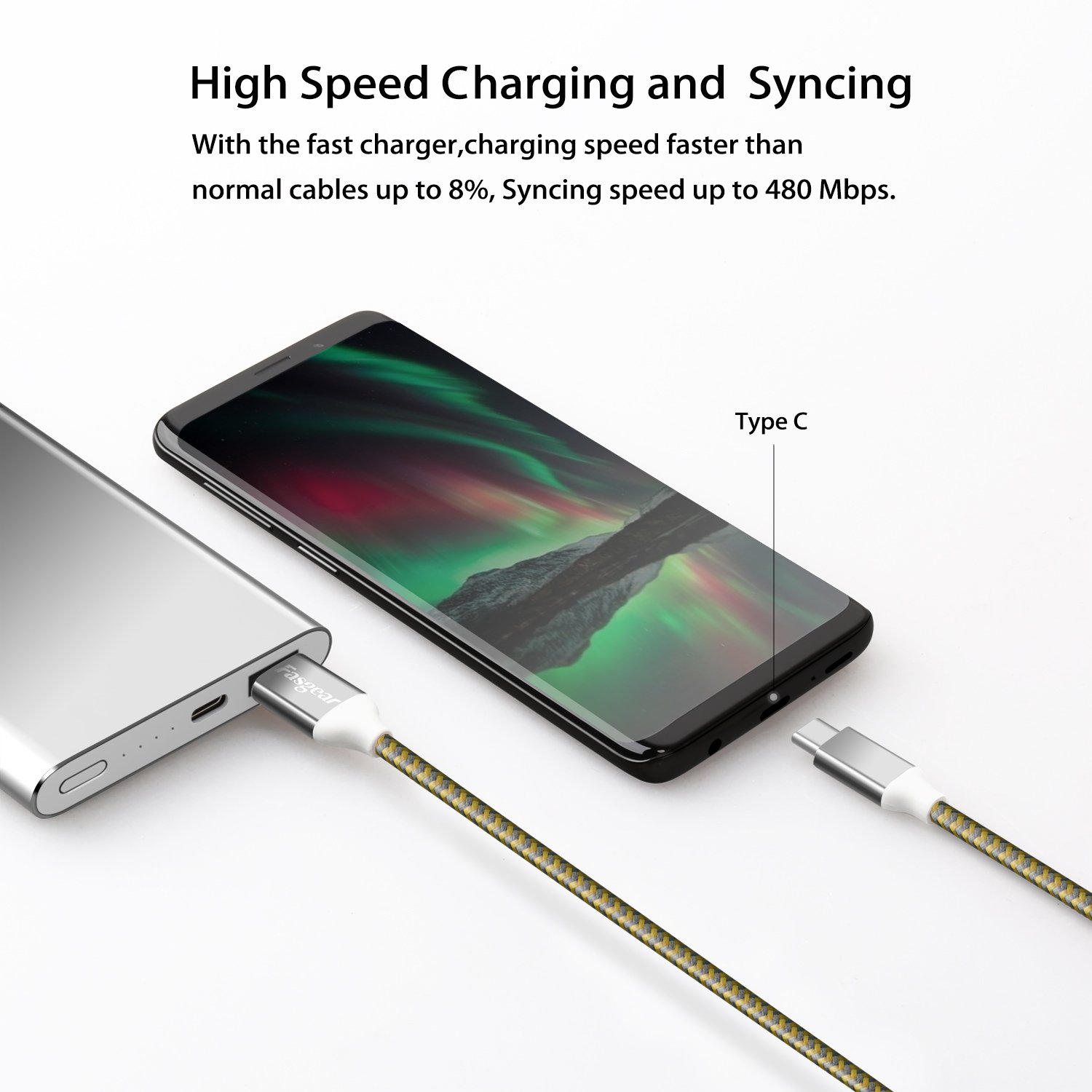 Fasgear USB C to USB A Cable, 3 Pack, 10ft, Green/Gold/Orange image 4