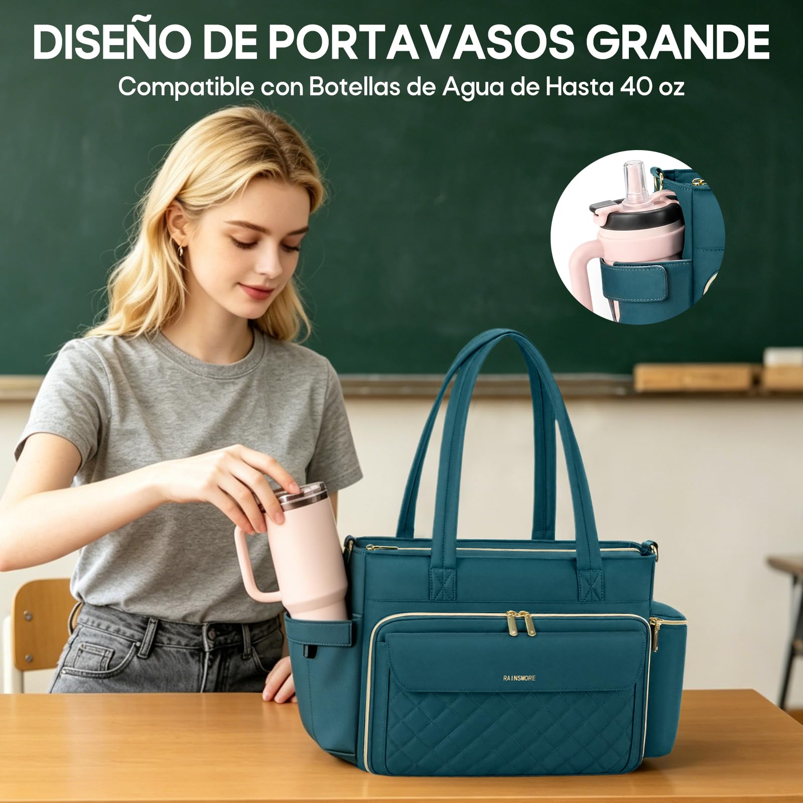 RAINSMORE Maletin Portatil Bolso Profesora Mujer 15.6 Pulgadas | Bolso Ordenador con Bolsillo Aislante y Portavasos, Multibolsillos, para Enfermera Trabajo Universidad