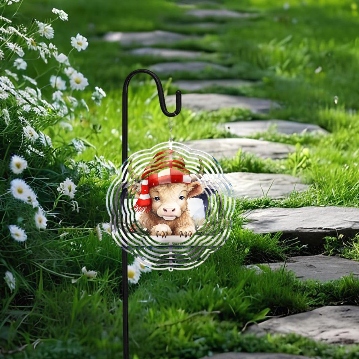 Highland Cow with Truck Christmas Wind Spinners 3D Stainless Steel Laser Cut Metal Double Sided Printing-Hanging Indoor/Outdoor Decorations Yard Gardening Decor,Metal Kinetic Art 14x14 inches