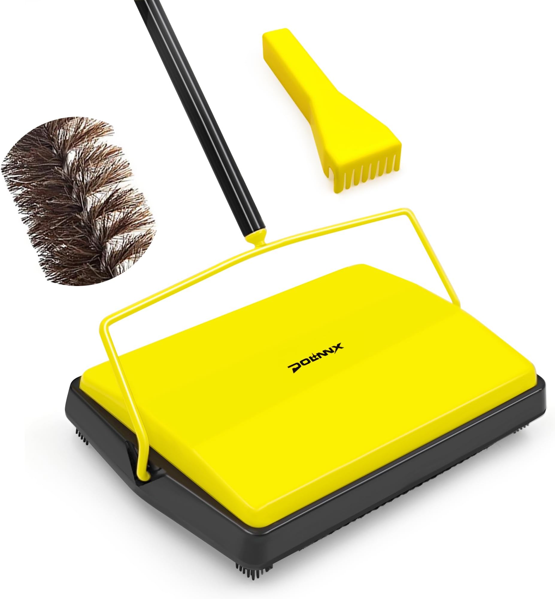 Carpet Sweeper Manual Push with Horsehair Brush, Electrostatic Floor Roller Sweeper Broom Non Electric for Pet Hair, Rug (Yellow)