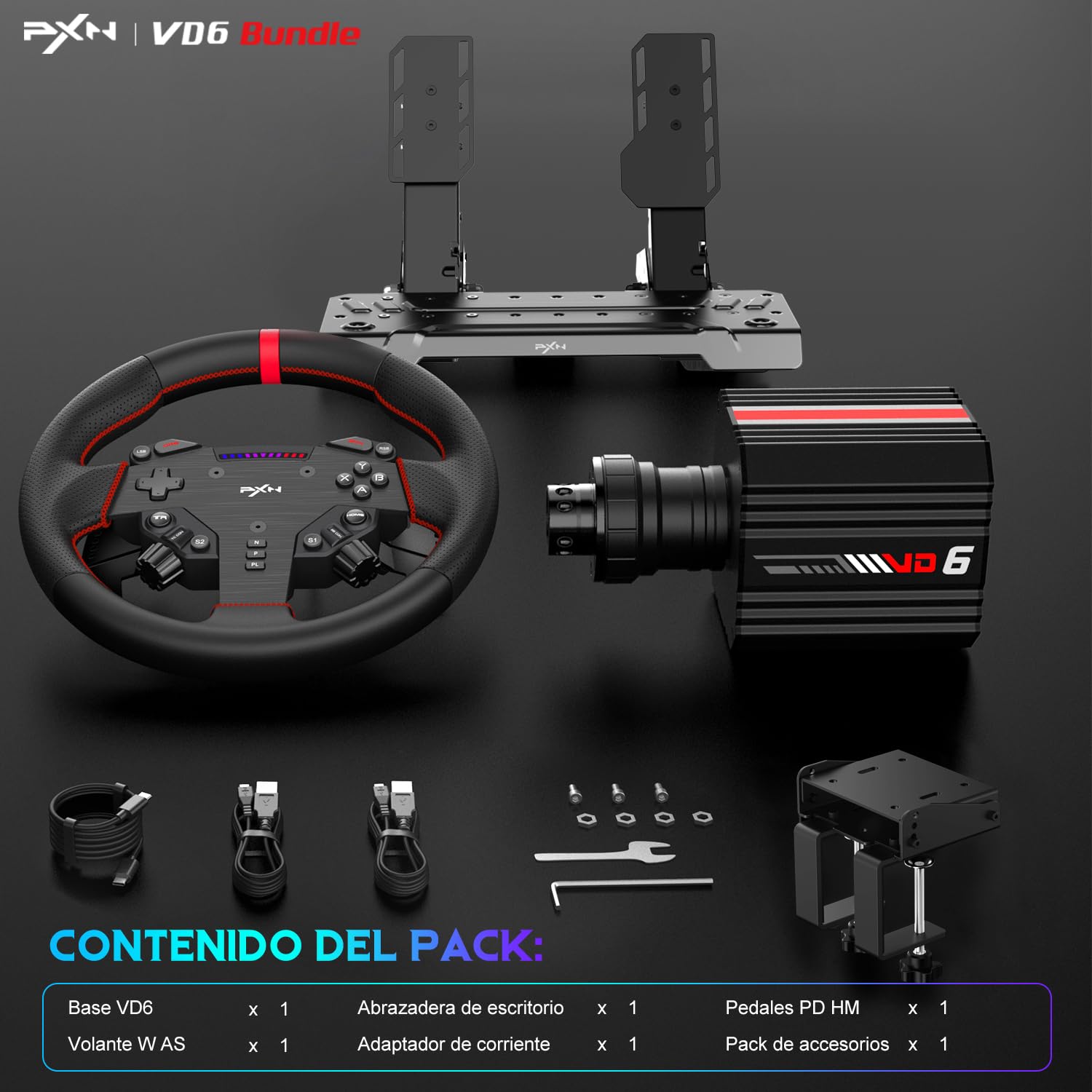 PXN VD6 Conjunto de Volante para Simracing 6 Nm – Base Servo de Baja Inercia, Volante de Carreras W AS, Pedales PD HM Hall y Abrazadera de Escritorio – Compatible solo con Windows 7 a 11 en PC | Base servo 6Nm con QR, volante 28cm, 2 pedales, mordaza, sop
