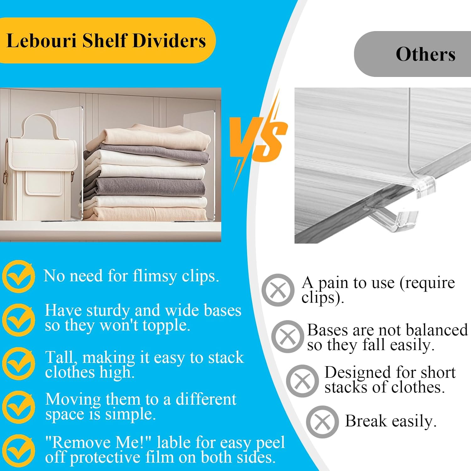 Shelf Dividers for Closet Organization: 10" Tall x 12" Deep Acrylic Closet Shelf Dividers for Clothes Sweater Purse - Clear Closet Organizers and Storage Separators for Shelves