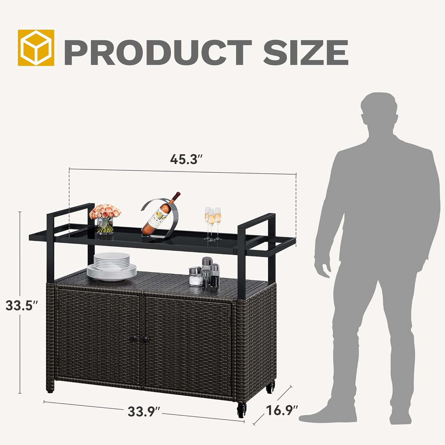DWVO Outdoor Kitchen Island,Patio Buffet Cabinet with Storage, Bar Cart with Glass Top,Patio Storage Cabinet with Wheels,Outdoor Bar Table for Poolside and Backyard,Black