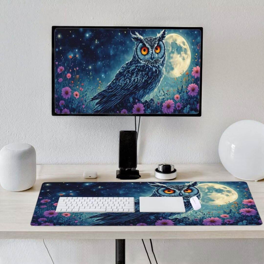 Alfombrilla de ratón 1400x600x3 MM, Alfombrilla Ratón XXL Extendida de Gran Tamaño con Bordes Cosidos, Base de Goma Antideslizante Almohadilla para Teclado, Búho de la Luna S-12389