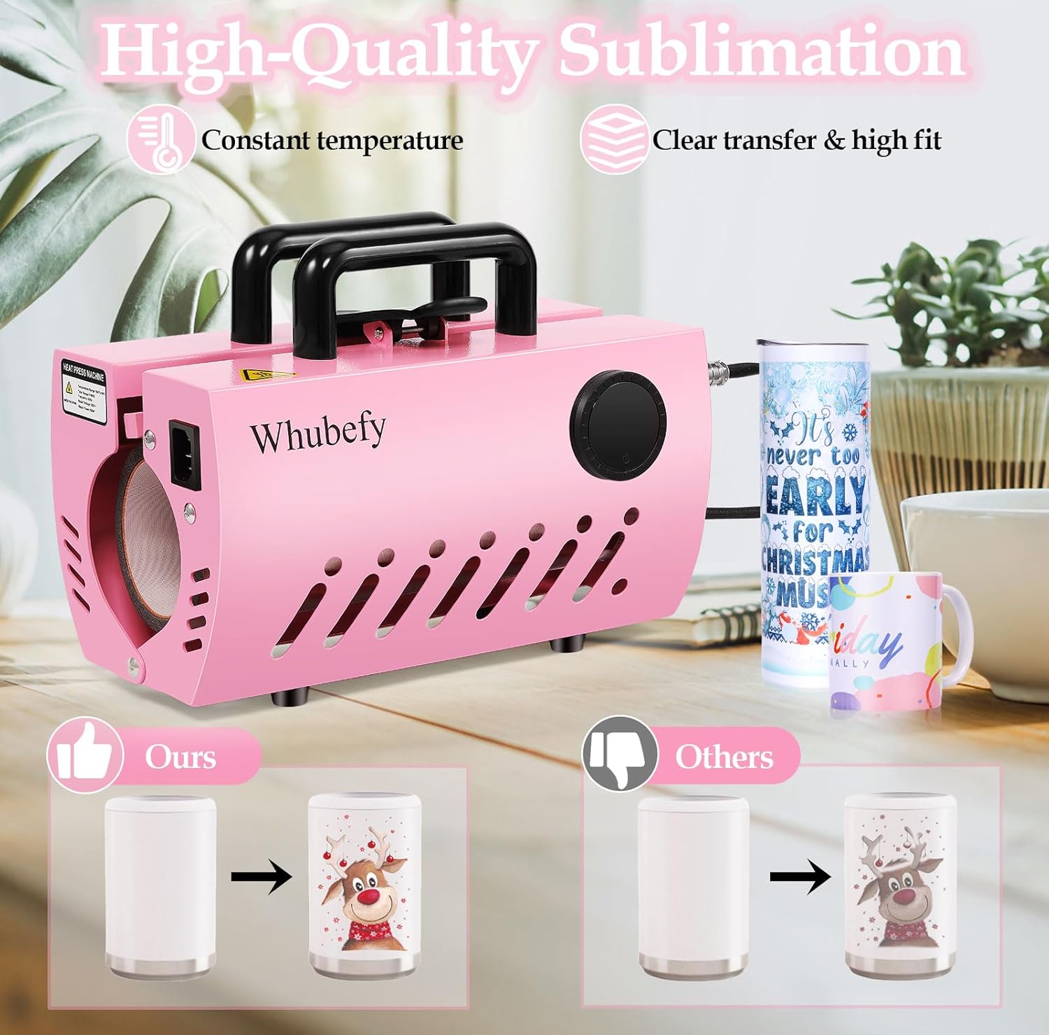 Whubefy Tumbler Heat Press Machine for 20oz-30oz Sublimation Straight Blank Skinny Tumblers, Pink Mug Press Sublimation Machine with Heat Paper/Tape/Gloves for 11-16OZ Ceramic/Glass/Coffee Mug Cup