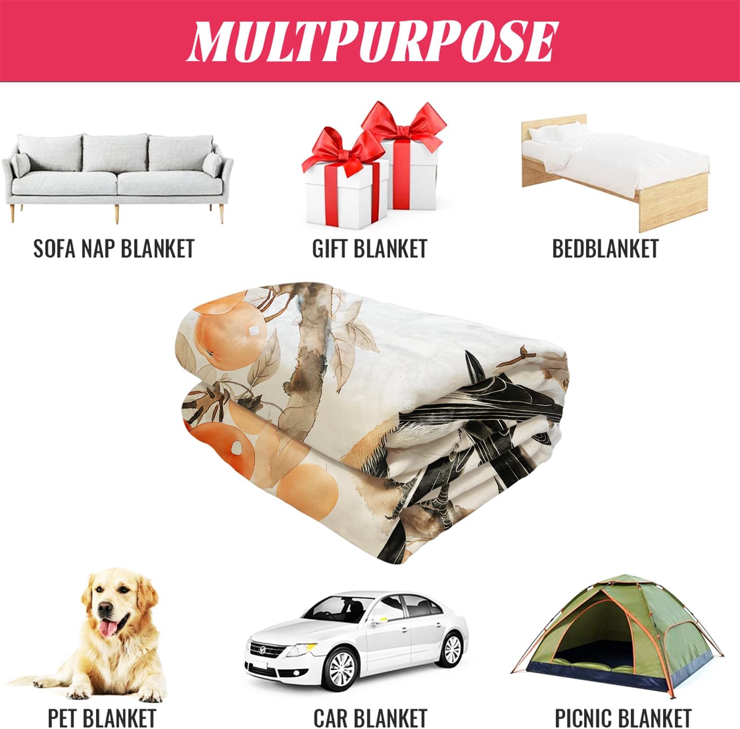 Persimmons & Magpie Blanket, Traditional Art Home Decor, Super Soft Fleece Throw Blankets for Couch Sofa Bed, 40" x 50"