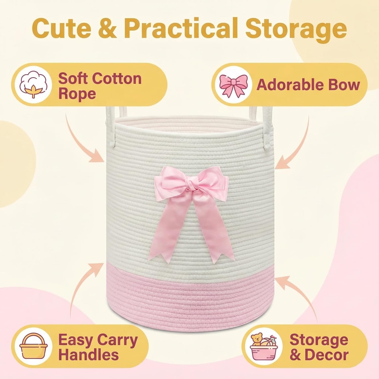 Pink Woven Laundry Hamper Basket with Bow, Large Tall Clothes Storage Basket for Baby Nursery, Girls Room, Bathroom & Bedroom Organizer 15"x17.7"