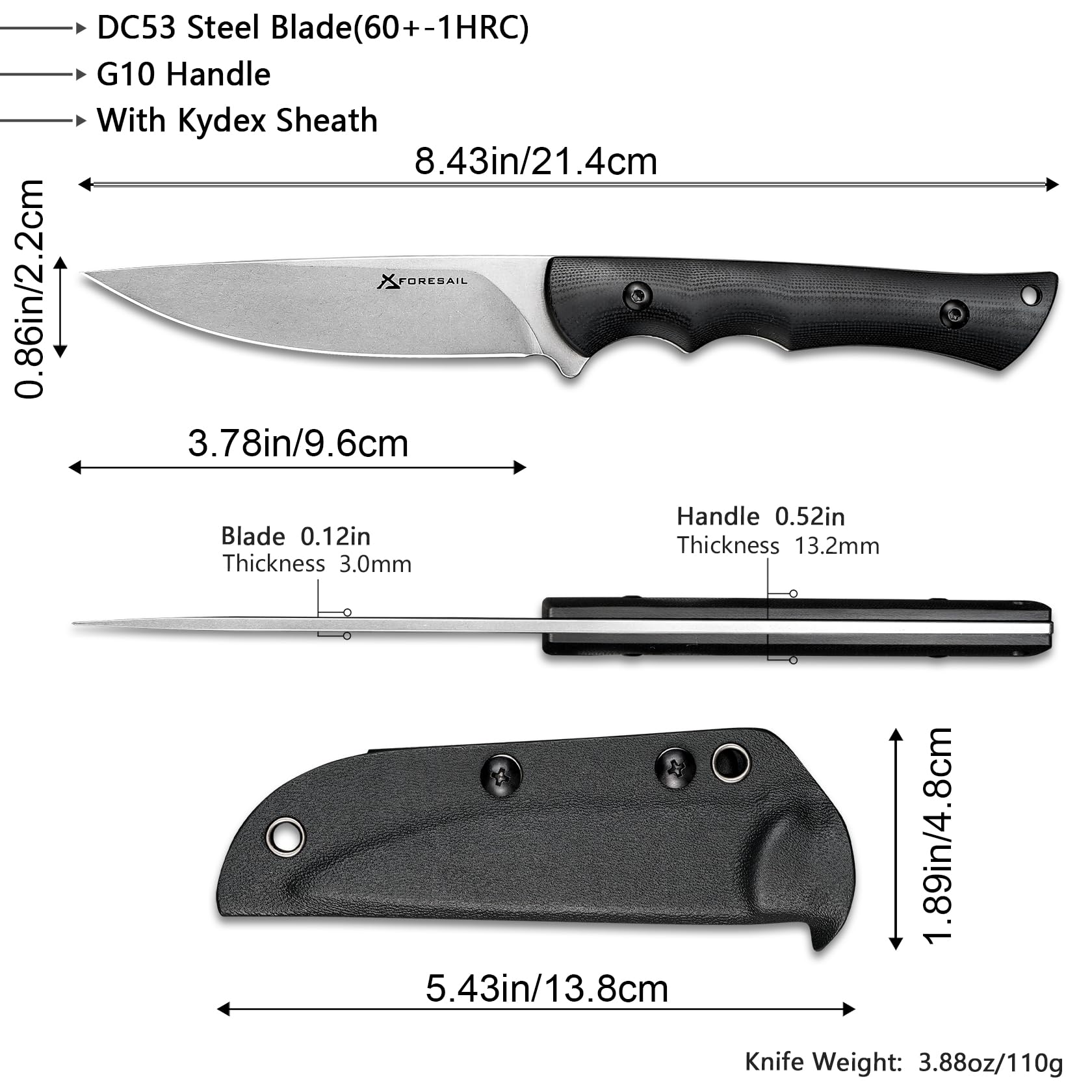 FORESAIL Fixed Blade Knife,3.86inch DC53 Steel Blade and G10 Handle,with Kydex Sheath,Fixed Blade EDC Tactical Knife for Men Women, Outdoor Hunting Hiking Survival Camping Knives.
