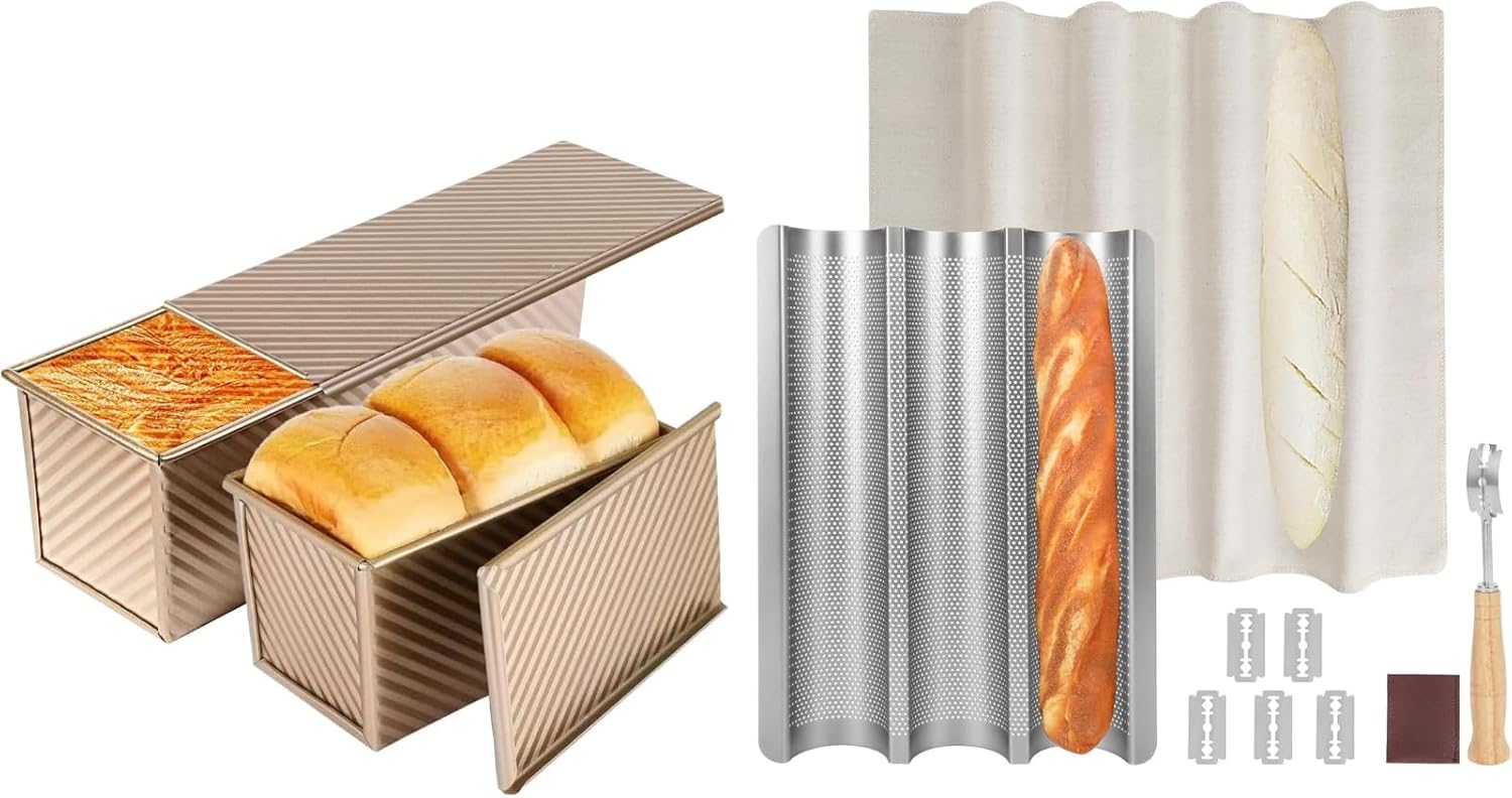 Bread Pan Set, Nonstick Baguette Tray, Pullman Loaf Pan with Lid, Heavy Duty Oven Baking Pan for French Bread, Sandwich, Toast, Sour dough