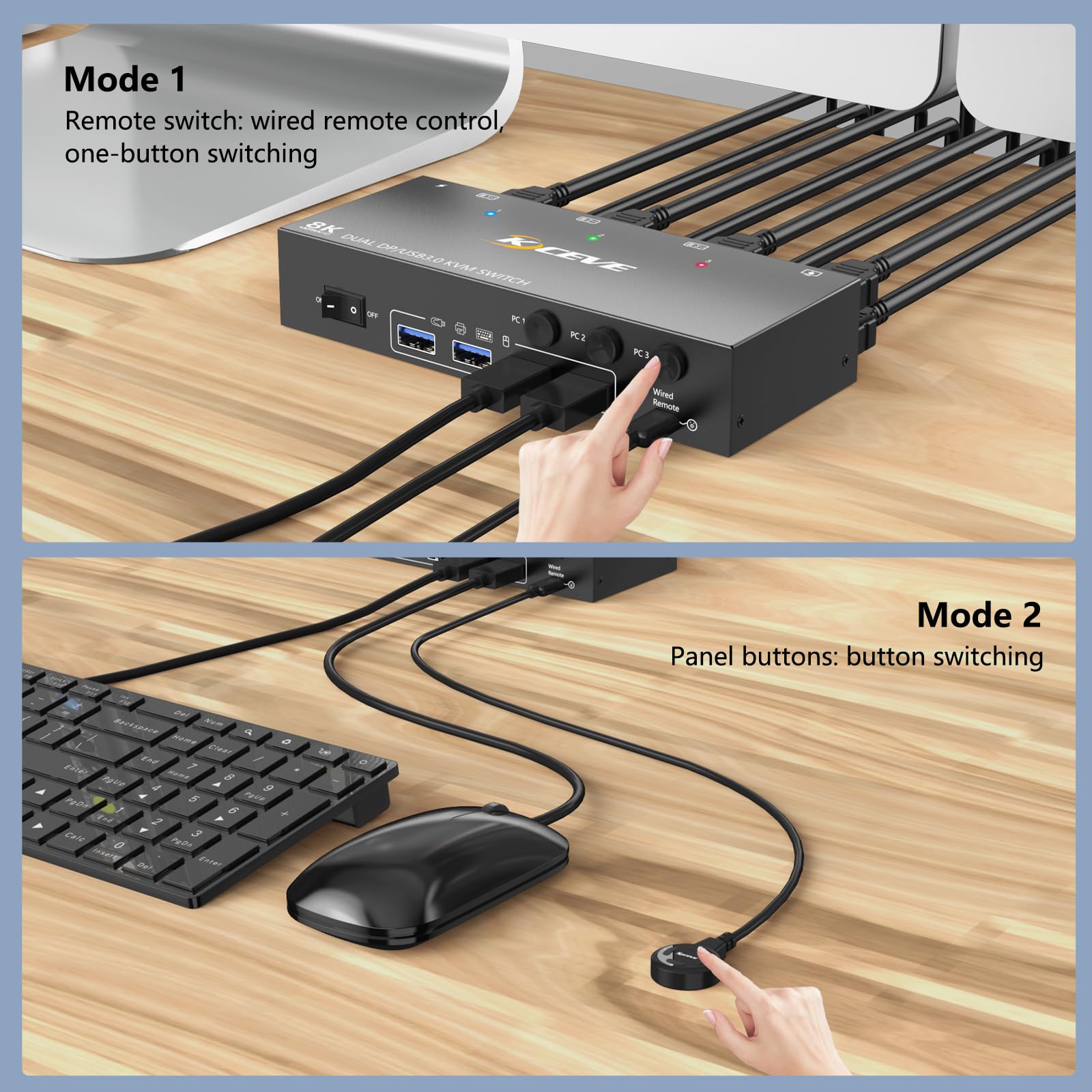 8K@30Hz KVM Switch 3 PCs 2 Monitore, 4K@144Hz Displayport KVM Switch 3 PCs teilen sich 2 Monitore und 4 USB 3.0-Geräte, inklusive kabelgebundene Fernbedienung, Netzteiler und 3DP+3USB3.0-Kabeln