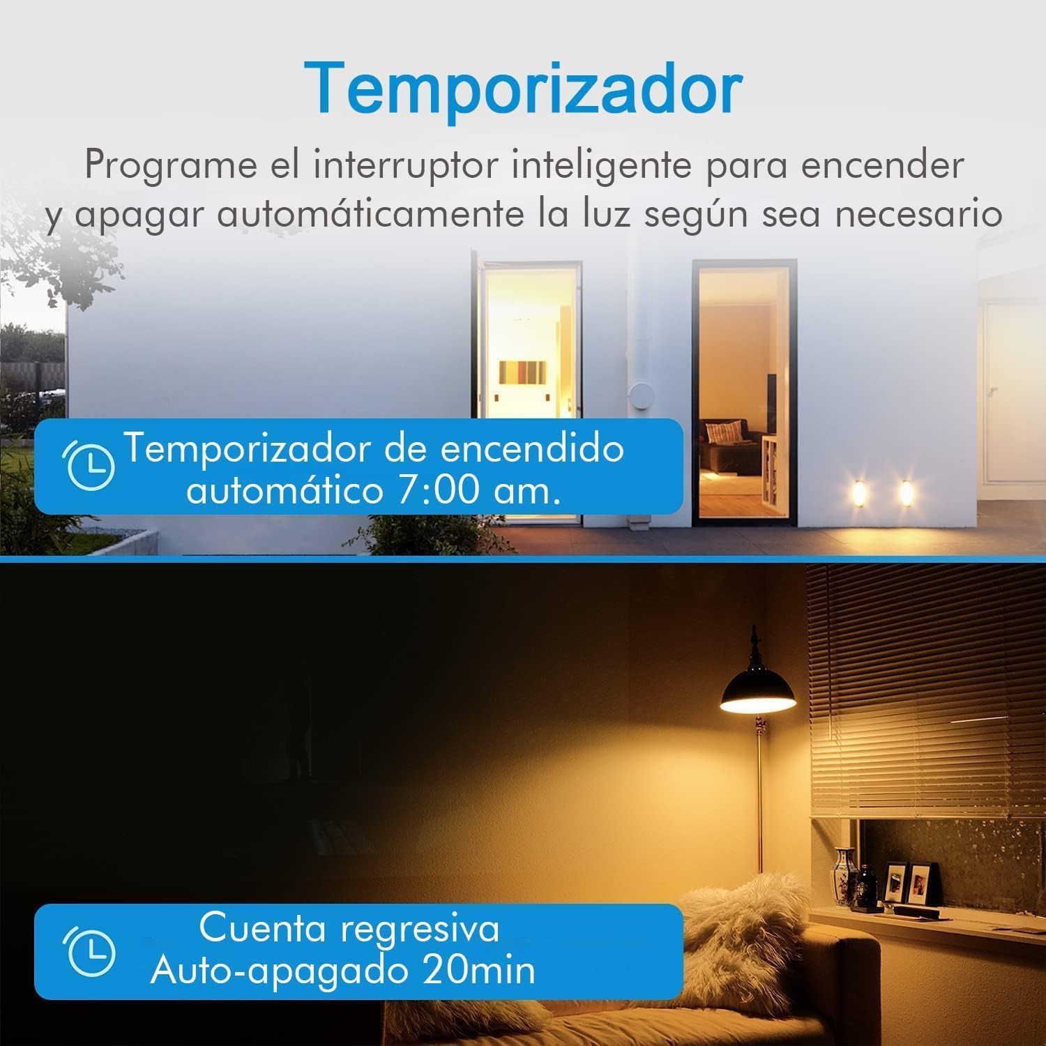 Dos imágenes que muestran una casa con luces que se encienden a las 7:00 a. m. y una habitación con luces que se atenúan para apagarse automáticamente a los 20 minutos, ilustrando la función del temporizador.