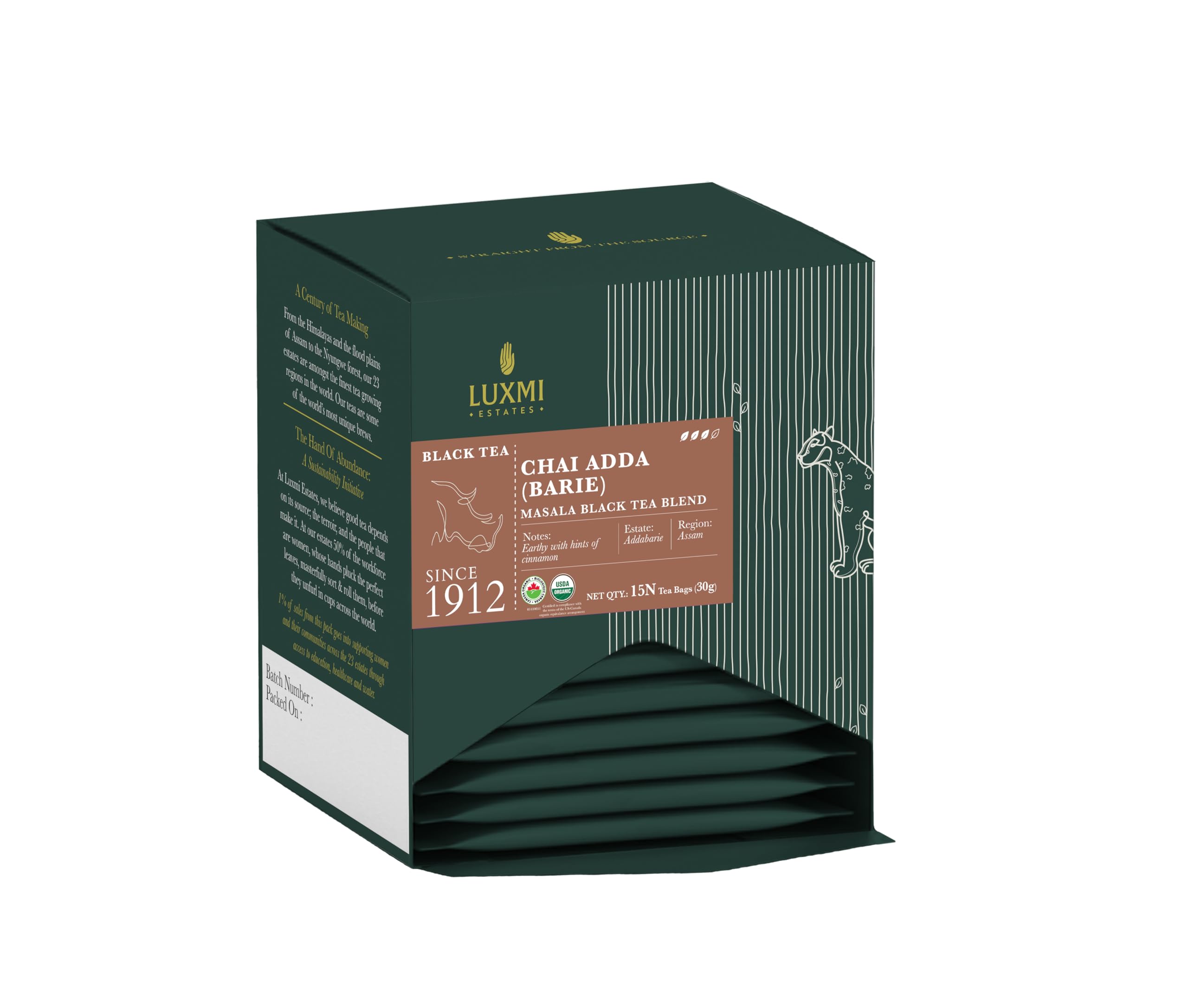 Estates Masala Chai 15 Tea Bags Pack | Chai Adda-Bari | Organic Black Tea | Strong, Robust & Aromatic Masala Chai | Indian Spice Chai Enriched with Cinnamon & Cardamom | Immunity Booster, 30 gm