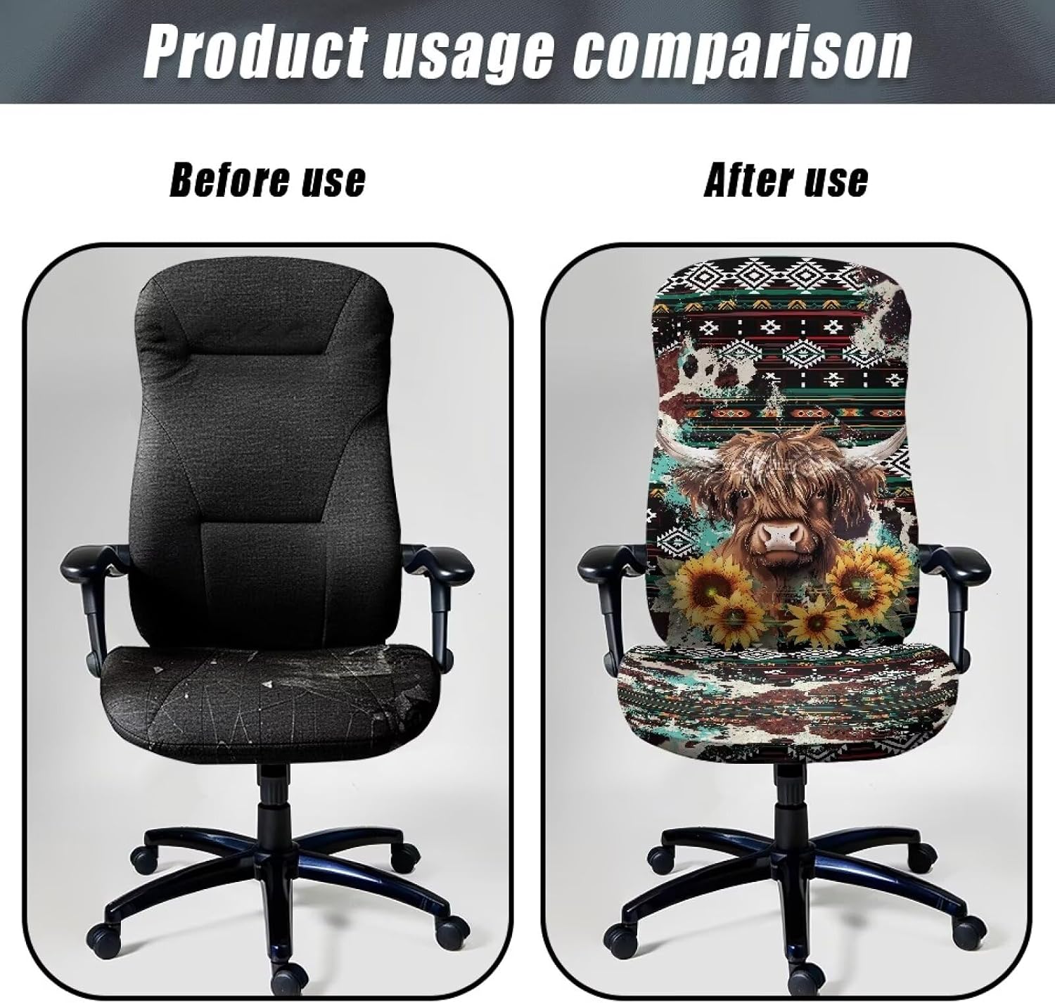 Printed Office Chair Cover Breathable Desk Chair Slipcover Stretchable Computer Chair Protector Washable Rotating Chair Slipcover for Home Office Decor, L, Aztec Sunflower Highland Cow Print