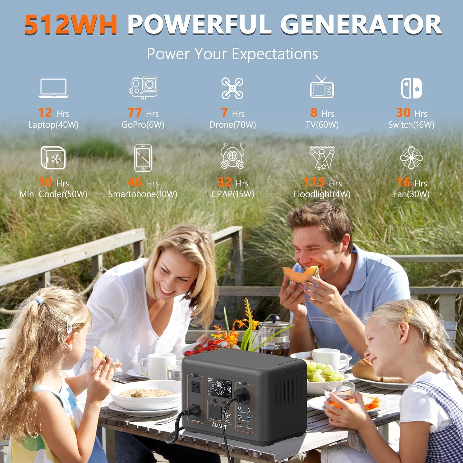ALLWEI Portable Power Station 500W, 512Wh LiFePO4 Battery UPS Backup Power view 3