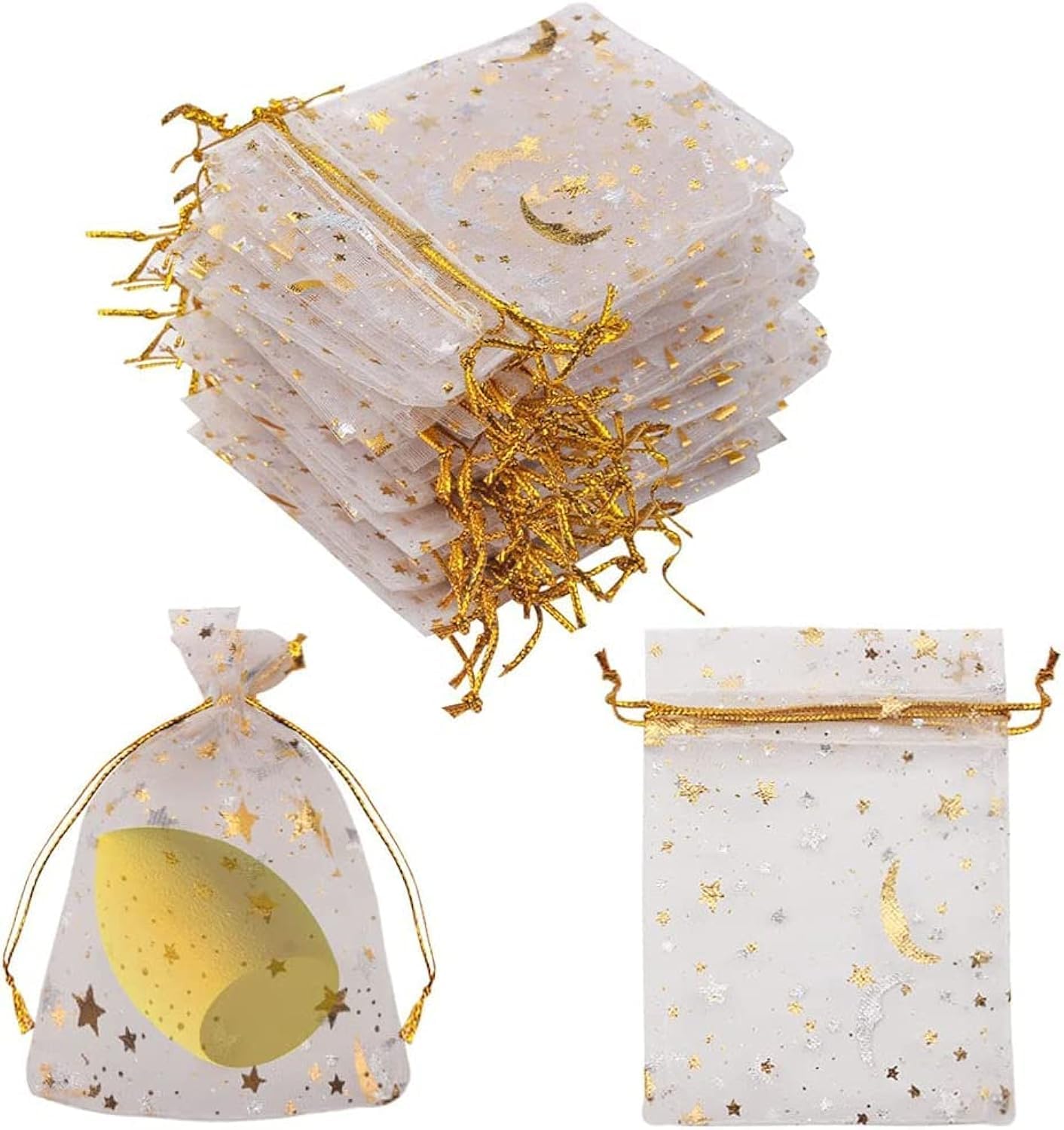 BOHHO 100 Pieces Moon Star Organza Jewelry Candy Bags, 2.7x3.5 Inch Sheer White Organza Favor Bags Gift Pouch with Drawstring for Wedding Party Valentine's Day (White)