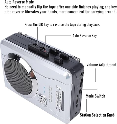 Miniatura 4 de Zunate Grabadora de casete portátil con radio AM FM, altavoz y micrófono integrados, conector para auriculares, inversa automática de cinta,