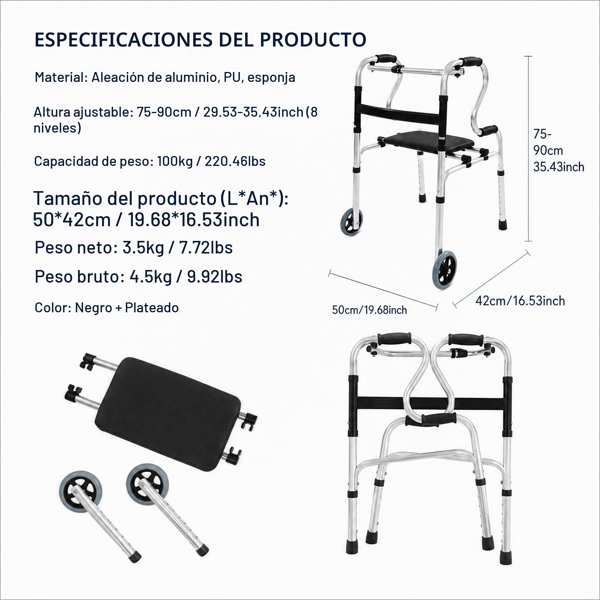 Andadores para personas mayores con asiento y ruedas, andadores plegables de aluminio ligero con una capacidad de carga de hasta 220 libras, altura regulable para ancianos, adultos discapacitados y