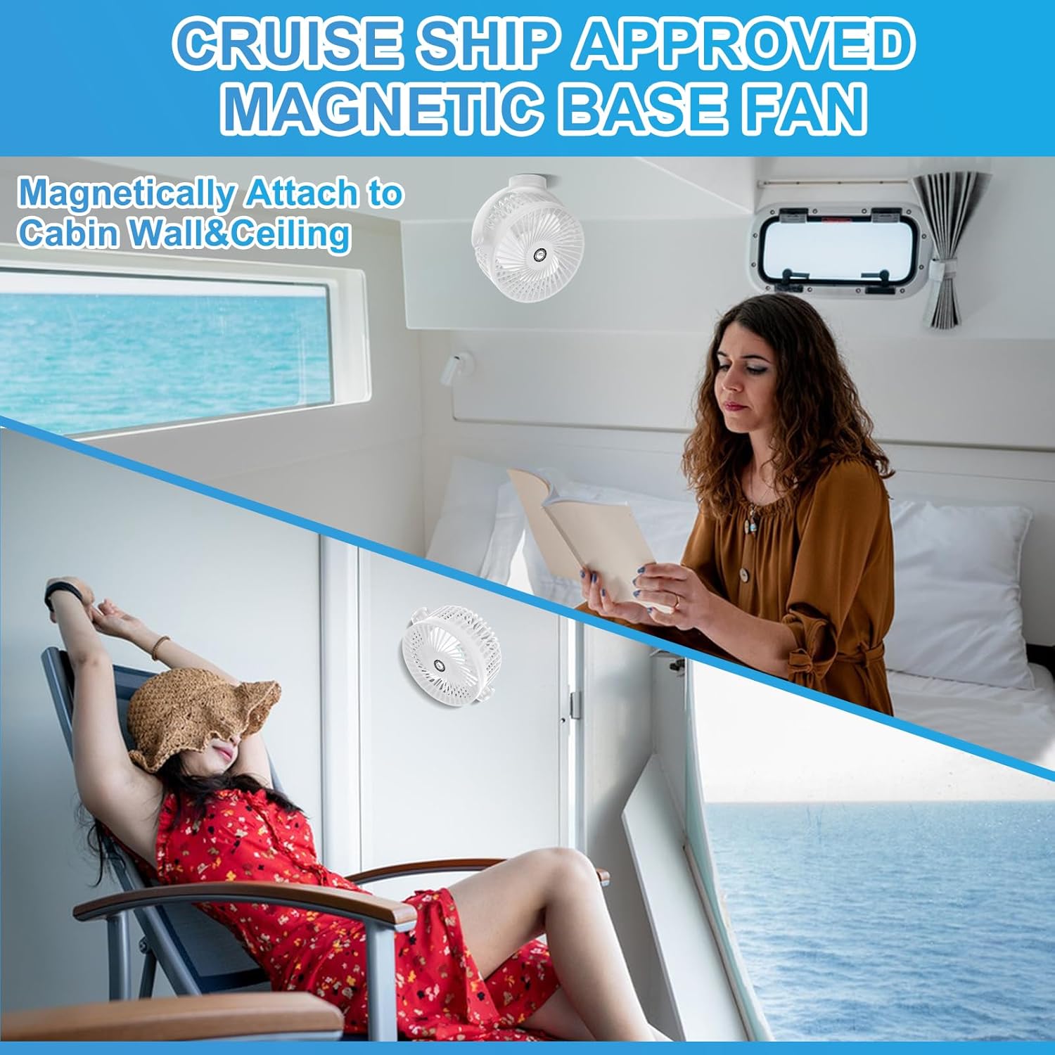 Magnetic Cruise Fan with 8000mAh Rechargeable Battery, LED Light, Timer&Power Output, Magnetically Sticks on Cabin Ceilings and Walls, Ship Approved Cabin Air Circulator