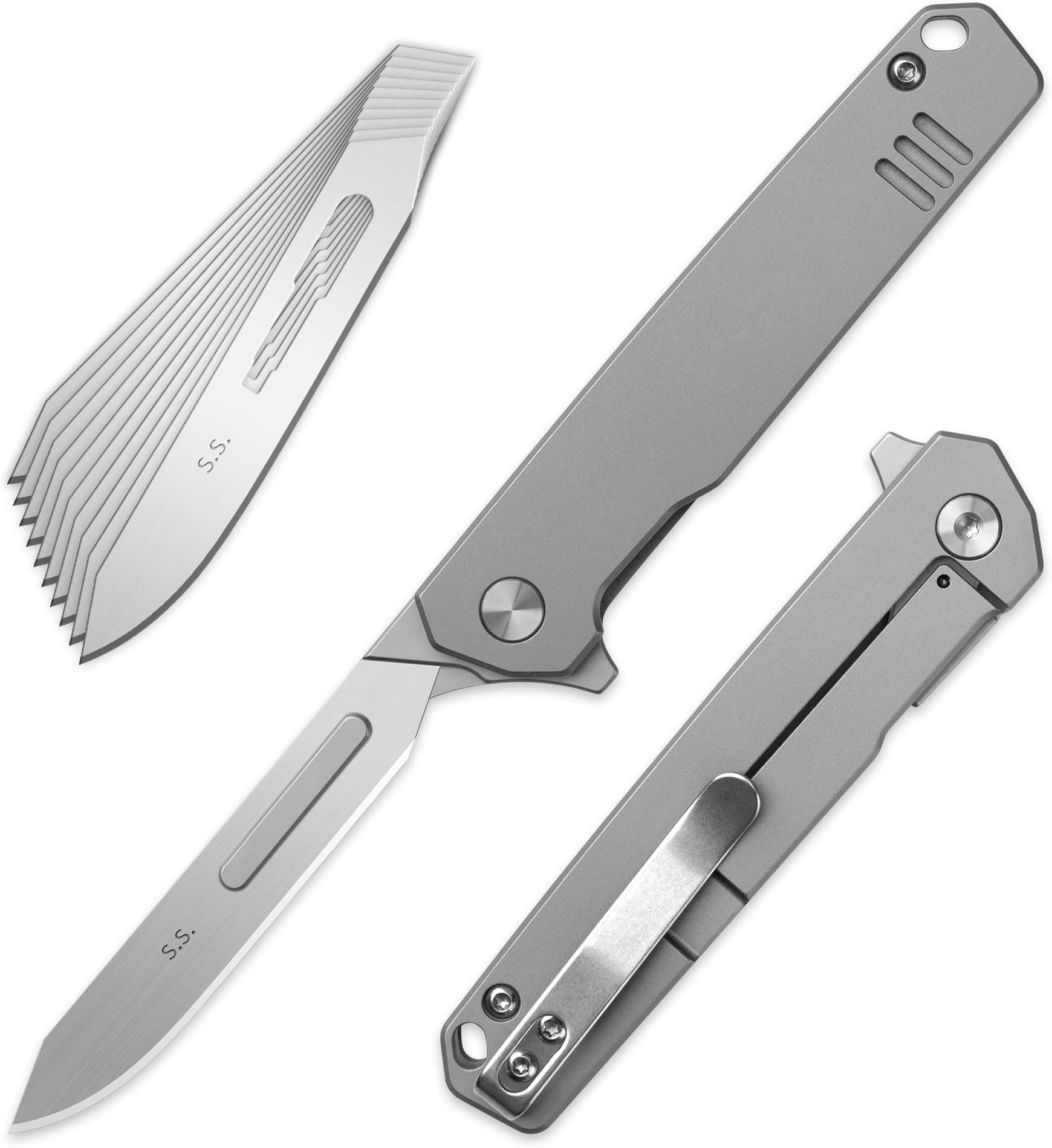 - OLITANS T058 Folding Scalpel Knife, 3.6'' Titanium alloy handle, with 10pcs #60 Stainless Steel Blade, Utility EDC Pocket Knife with Back Clip 1.4oz