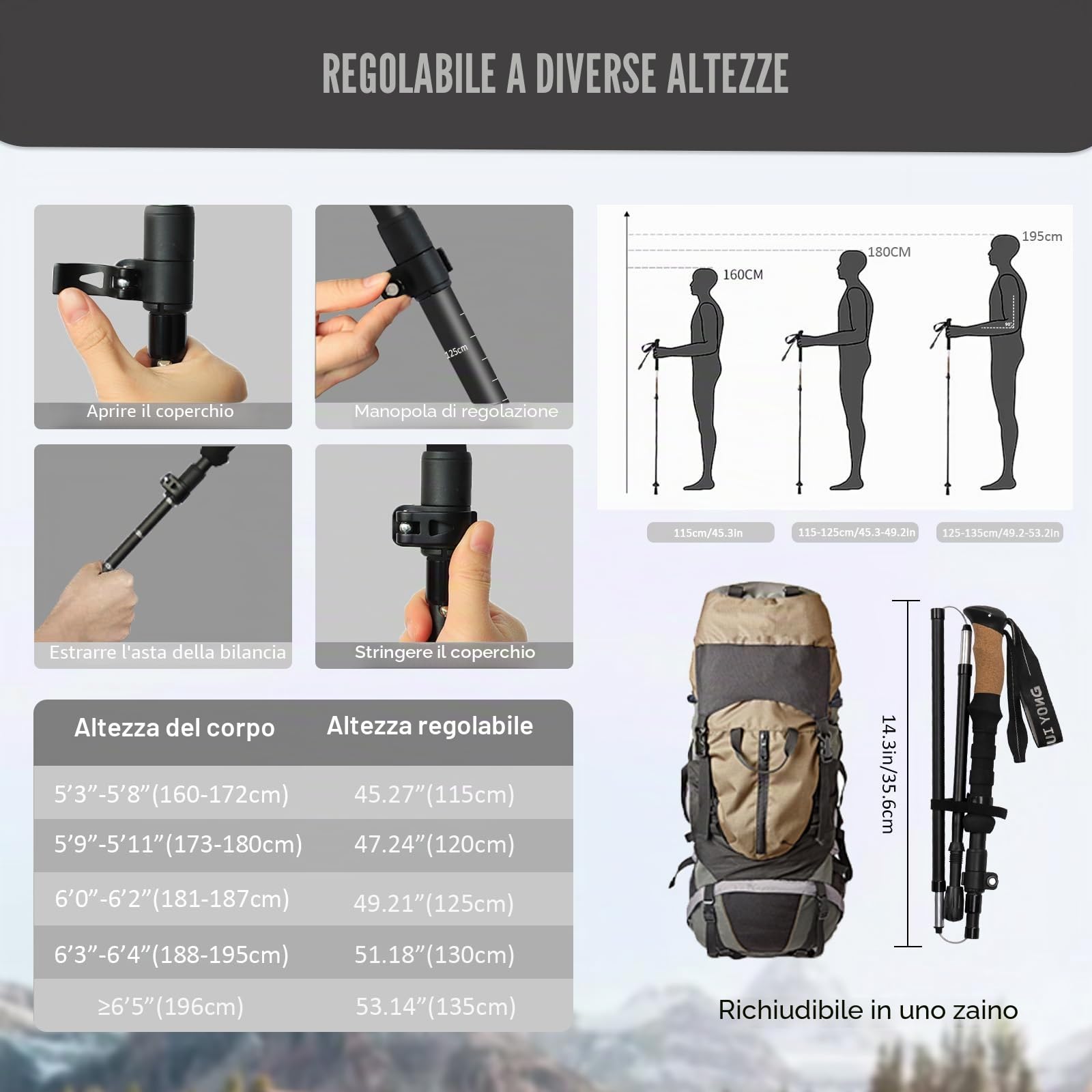 HUINING Bastone da trekking con manico in sughero, pieghevole, telescopico, bastoni da nordic walking per uomo e donna, bastoni da trekking, ultraleggeri in alluminio con molti accessori, 115