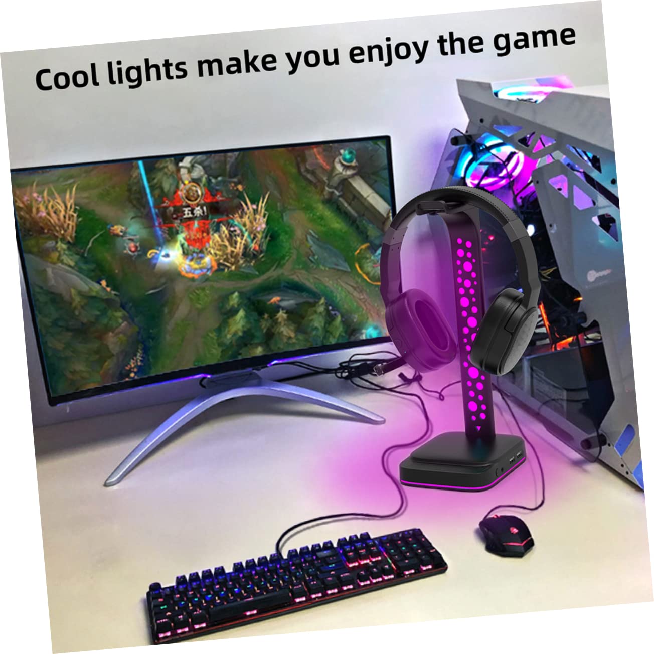 Uonlytech Support de Casque de Bureau RGB en Abs Noir Hub USB