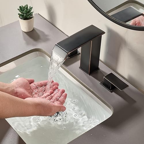 Miniatura 3 de Grifo de lavabo de baño generalizado de 3 agujeros, dos asas, 8 pulgadas, grifo de lavabo de tocador negro, grifo de lavabo de baño con drenaje
