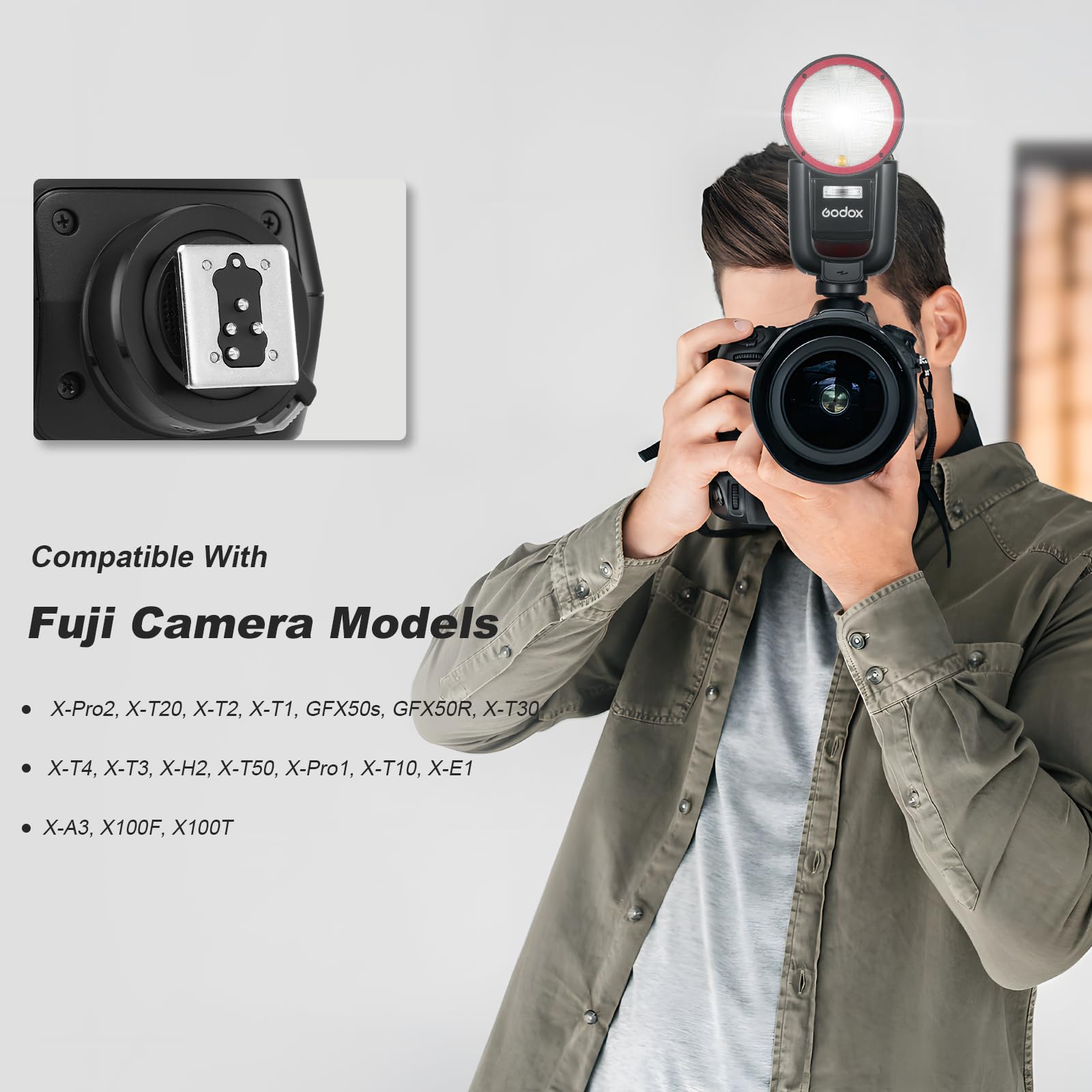 Godox V1 PRO F USA Version Flash for Fujifilm Camera with External Flash SU-1 2980mAh 76W Battery Flash TTL 1/8000s HSS 1.3s Recycle Time 2.4G Wireless HSS 500 Full Power Flashes