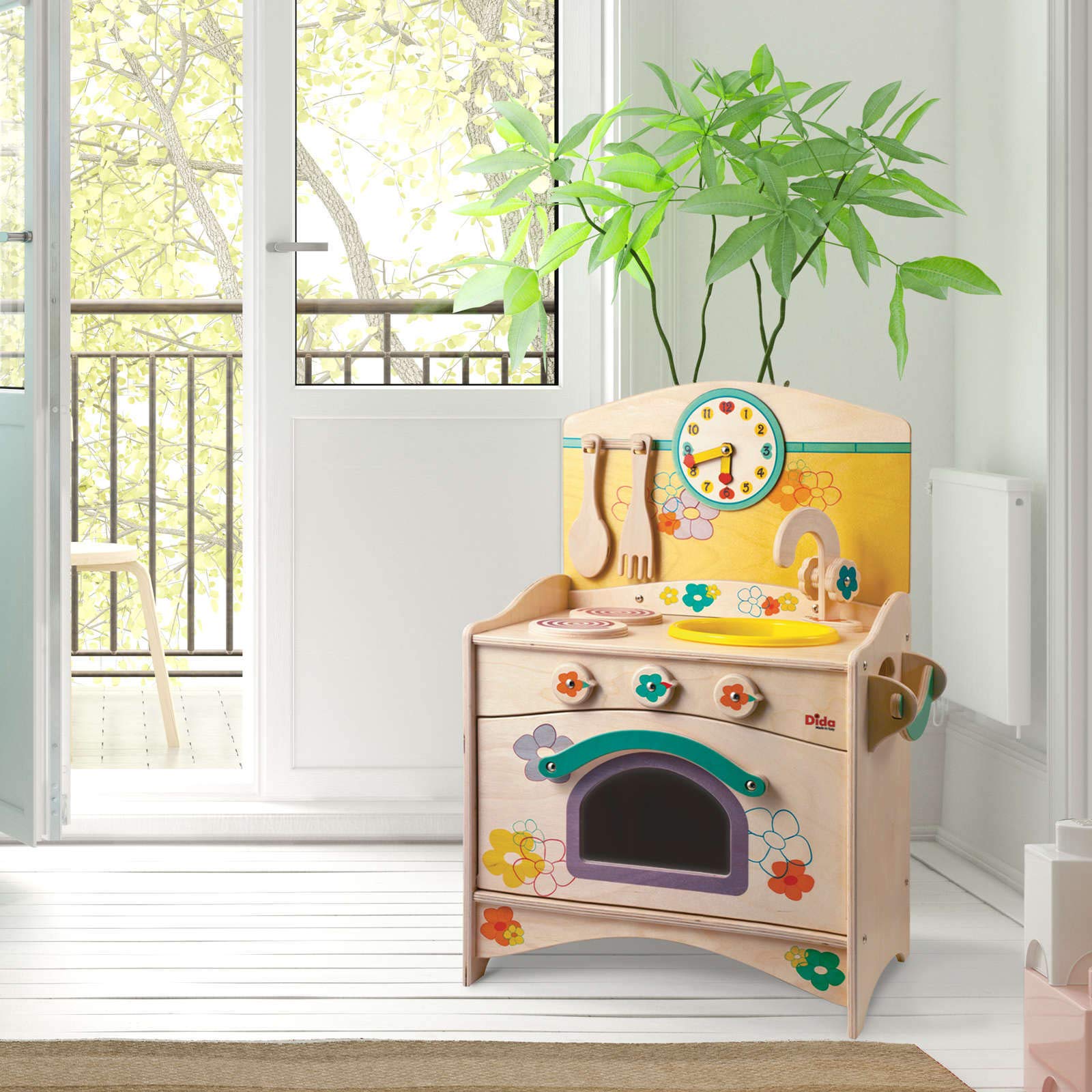 Dida Mini-Holzspielküche Für Kinder, 37x29x33 Cm, Mit Herd, Spüle, Uhr & Zubehör – In Gelb Oder Hellblau