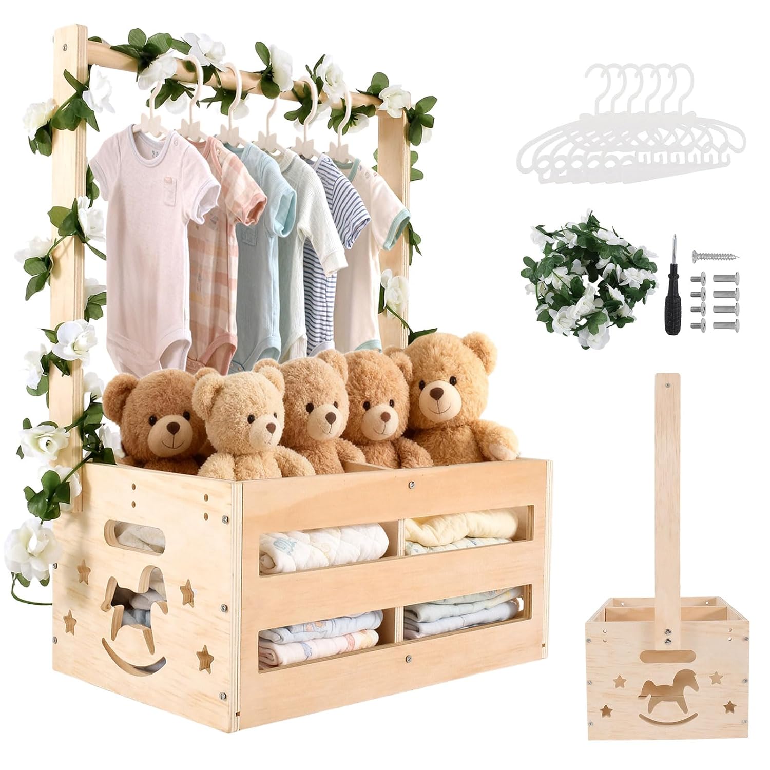 Baby Shower Crate Closet - Wooden Gift Basket with Hangers and Removable Divider, Personalized New Mom Gifts to Welcome Newborn Boys Girls (Natural Wood)