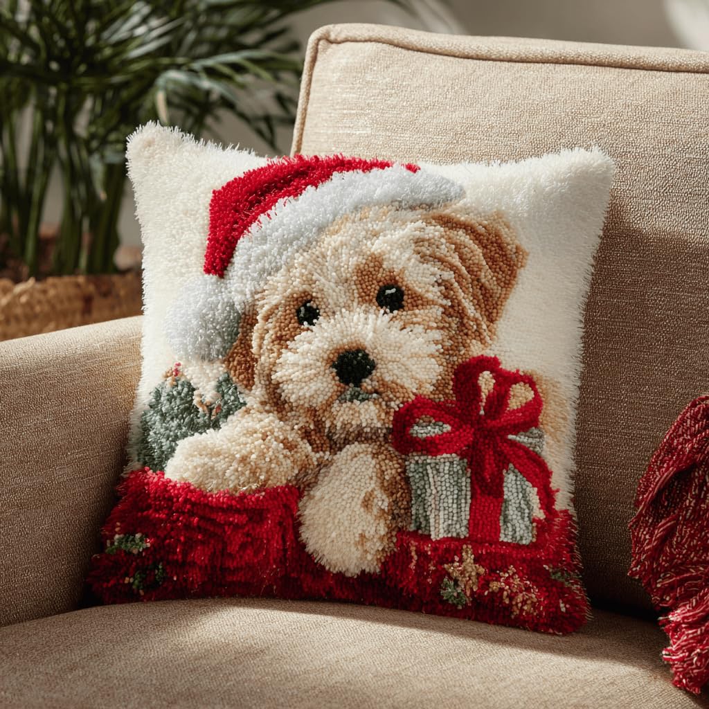 XDEGHUANGSS DIY Xmas Cushion Latch Hook Kit for Adults,Relaxing Holiday Craft Activity, Make a Festive Throw Pillow with Colourful Yarn & Printed Canvas,43x43 cm-3