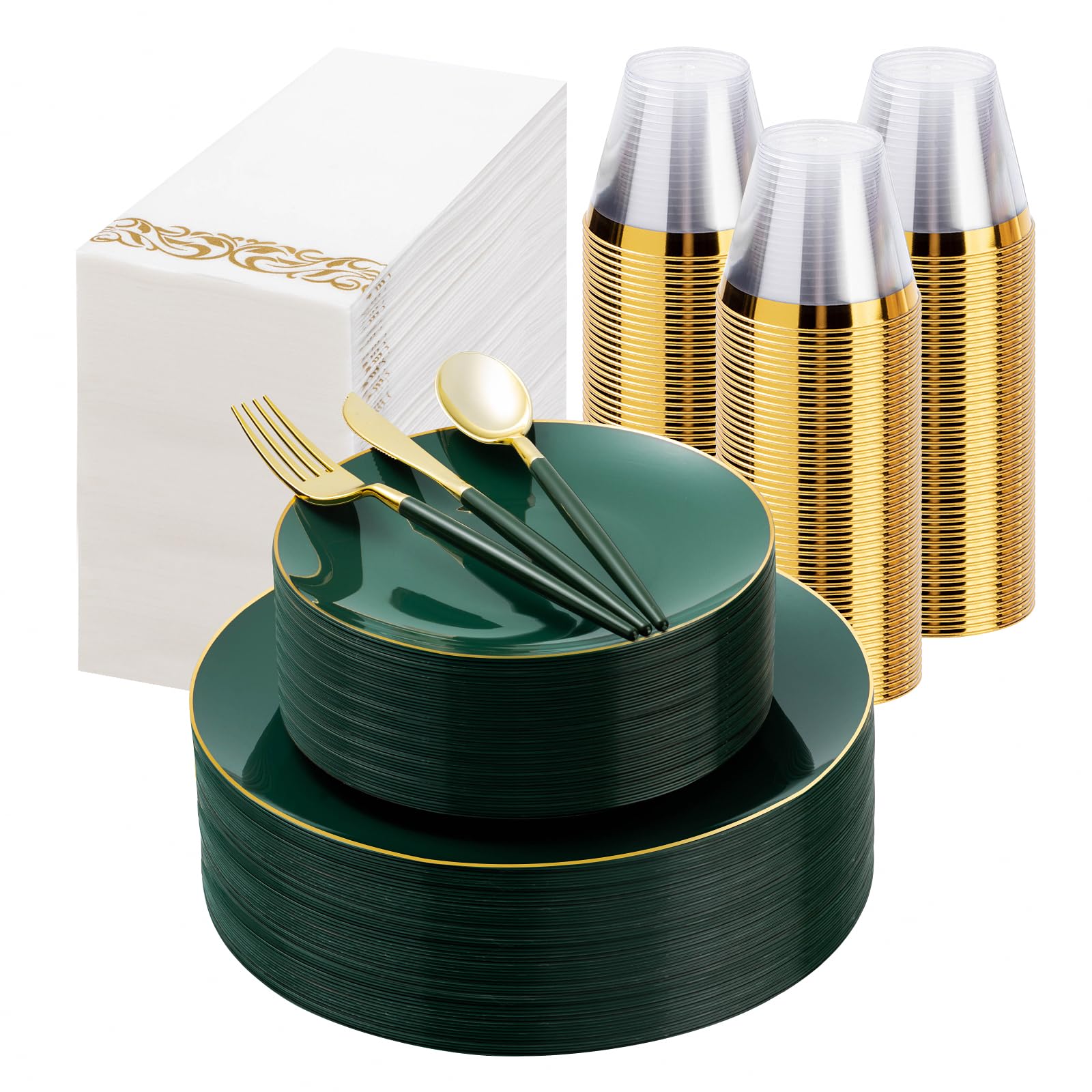 Photo 1 of Bestluck 350 Pcs Green Gold Plastic Plates Set