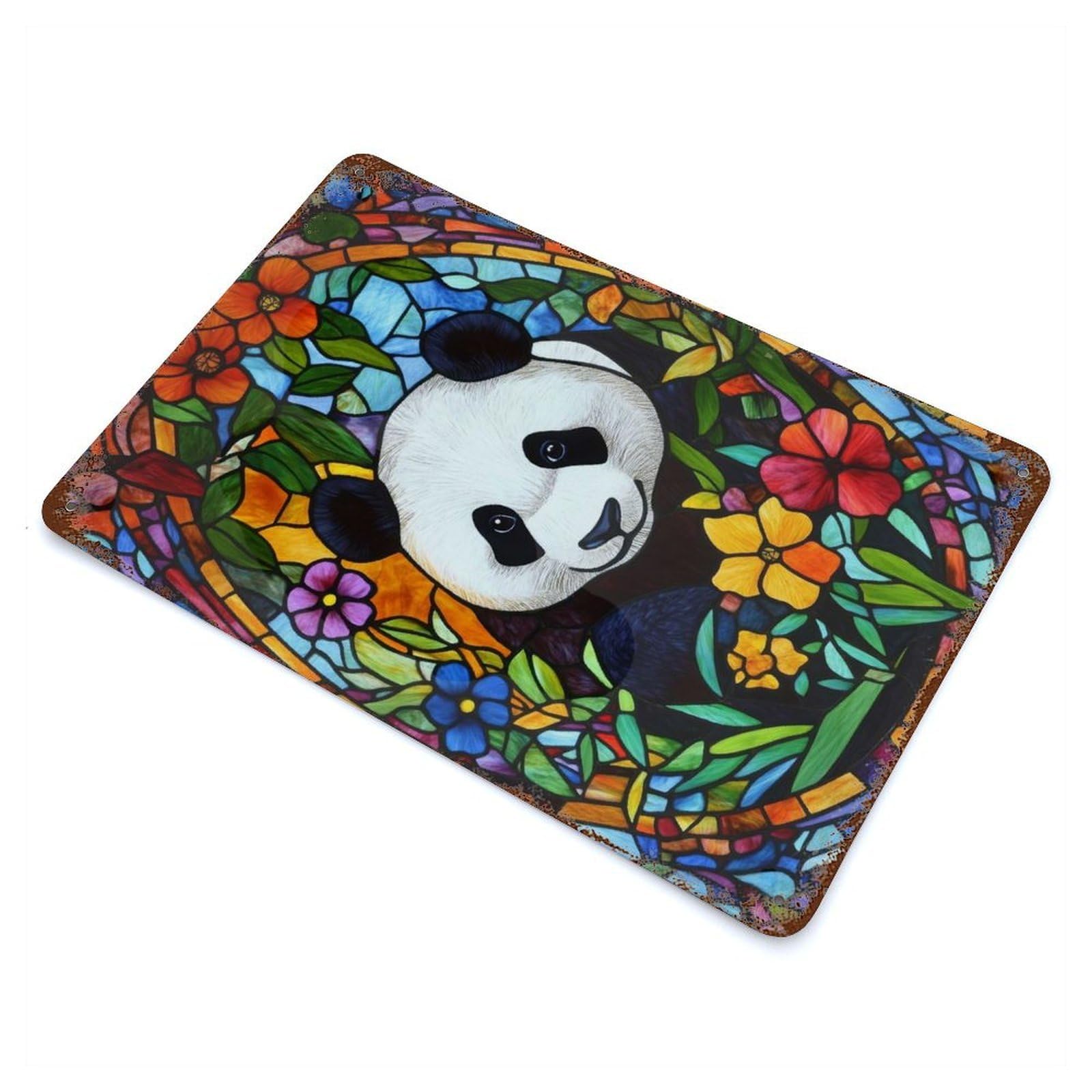 Panda Stained Glass Rustic Tin Plaque 11.8"x7.9", Farmhouse Wall Decor for Shed, Workshop And Garage Wall Decor
