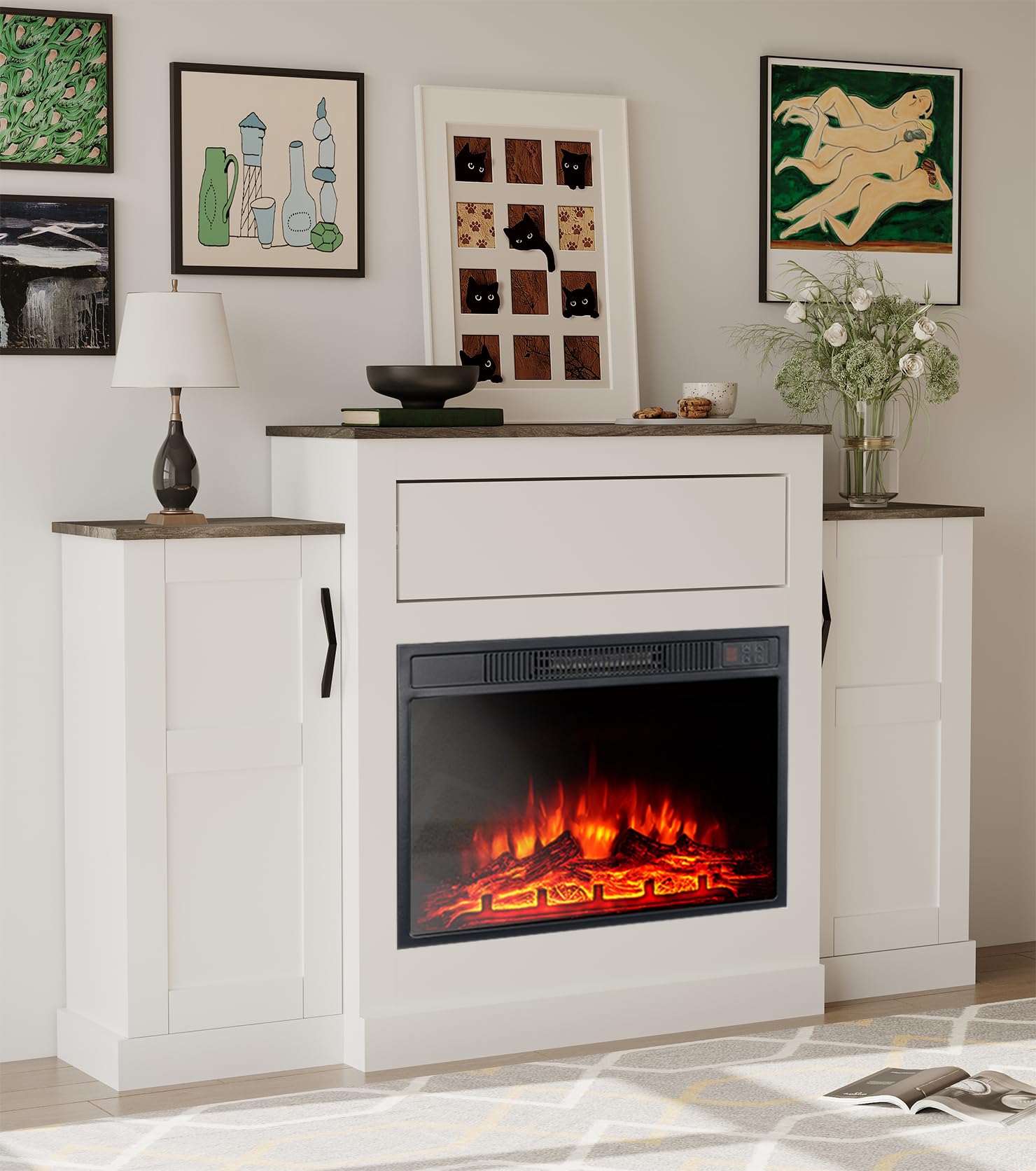 Elektrischer Kamin mit TV-Halterung, Entertainment-Center mit 23-Zoll-Heizung, Schublade mit Drucköffnung und Fernbedienung, 150 cm