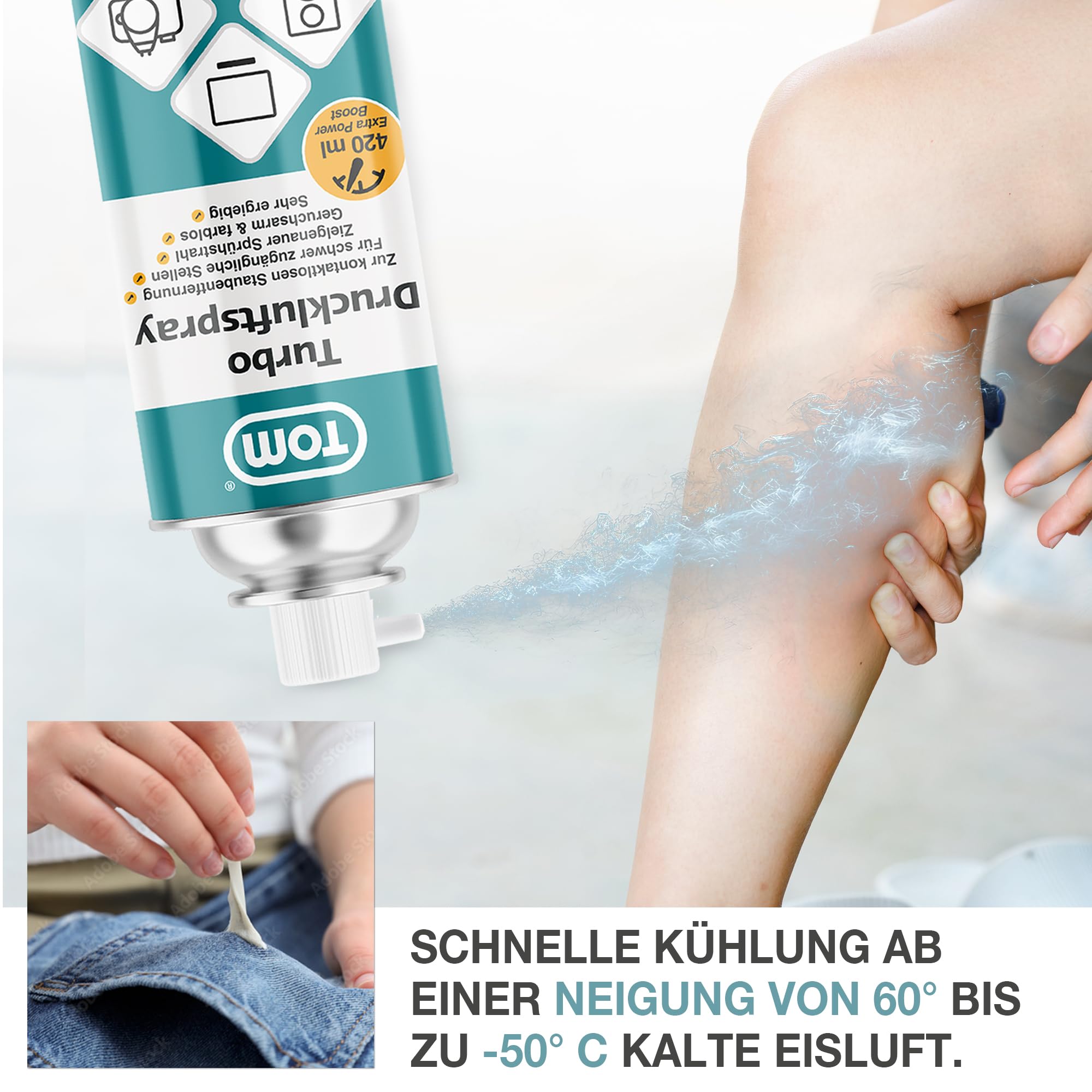 TOM 3 x oder 6 x 420 ml Power Druckluftspray – Air Duster – Reinigungsset mit 10 cm & 50 cm Sprühverlängerung – Druckluft aus der Dose – Reiniger für Tastatur, Laptop, Computer & co (6)