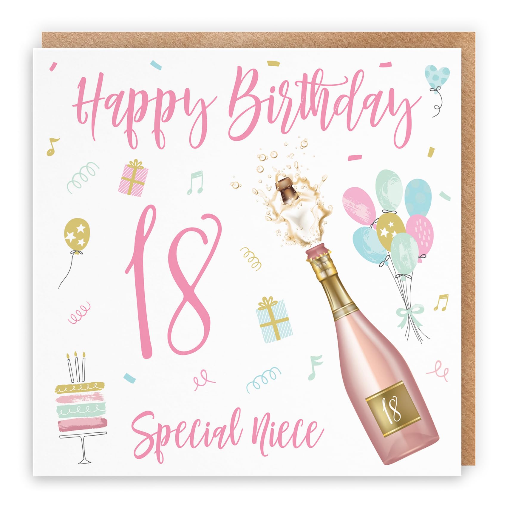 Hunts England - Niece 18th Birthday Card - Happy Birthday - Special Niece - 18 - Champagne Collection - Pretty, Balloons, Cake Card