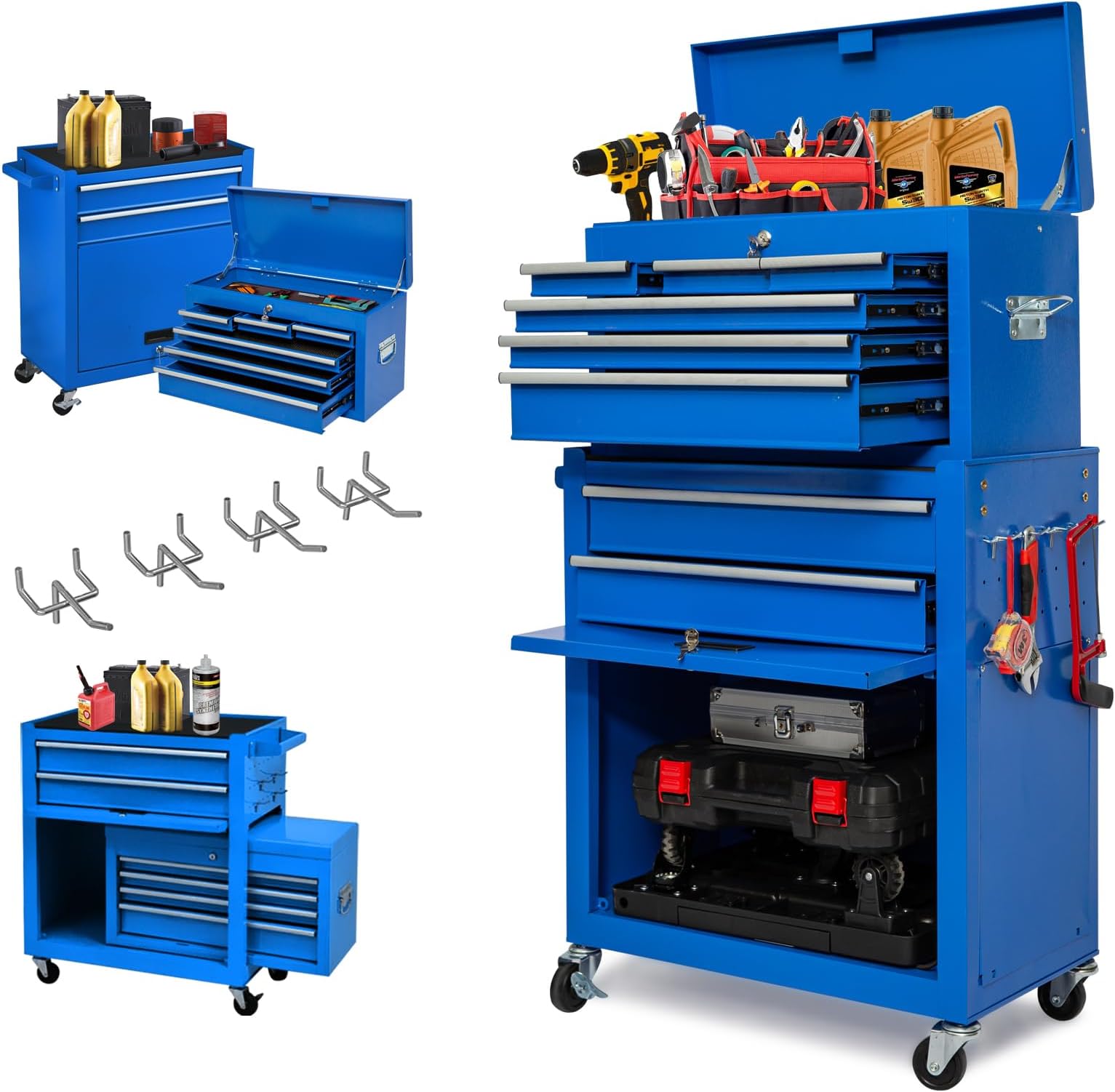 8-Drawers Tool Chest Tool Box, Rolling Tool Chest with Wheels, Rolling Tool Box with Wheels, Garage Tool Storage Cabinet on Wheels, Locking System Toolbox(Cool Blue), Red