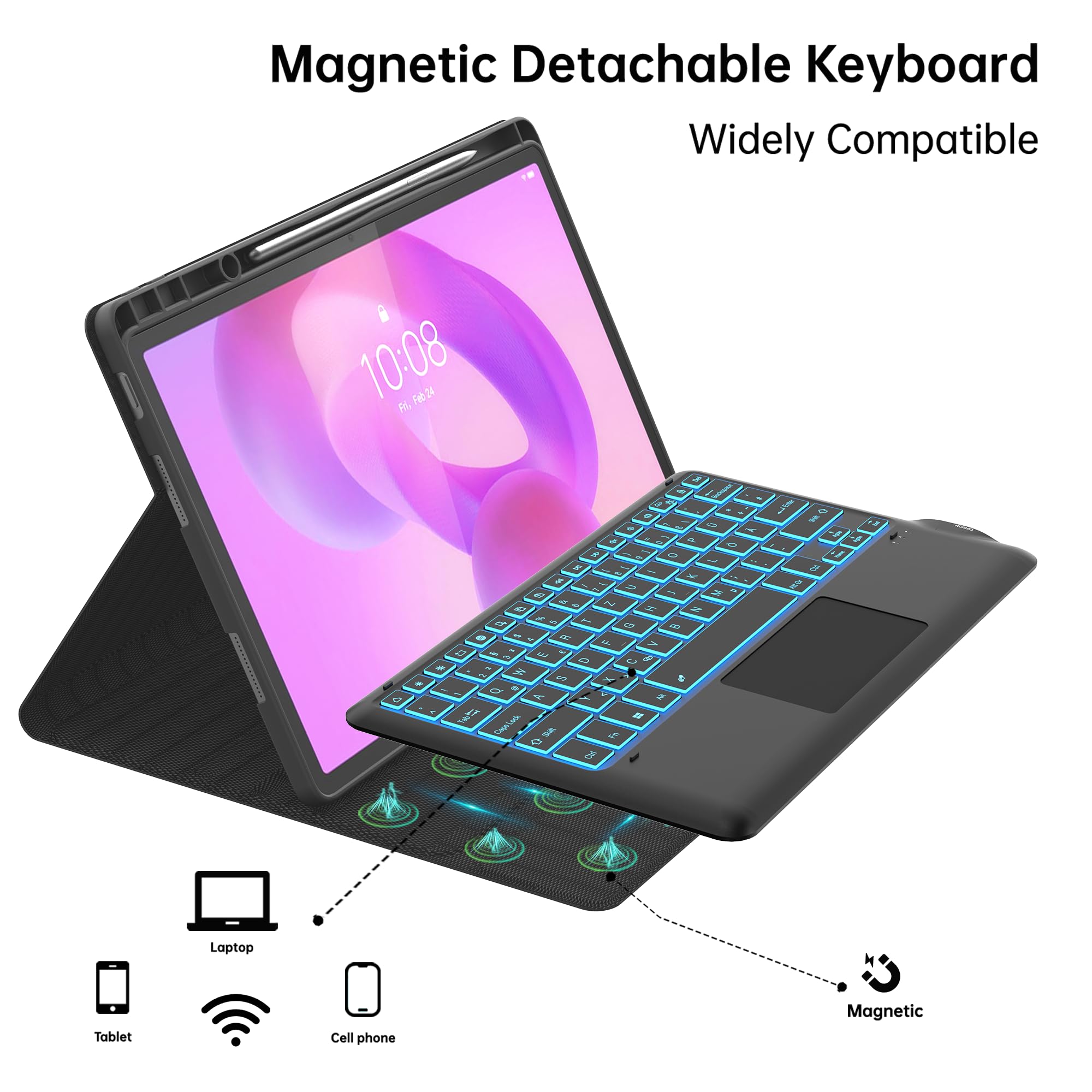 Für Lenovo Idea Tab Pro Tablet 12.7" Hülle mit Tastatur - 7 Farben Beleuchtung Abnehmbare Trackpad Cover - Beleuchtete Deutsches QWERTZ Layout Tastatur mit Stifthalter für Lenovo Idea Tab Pro 2025