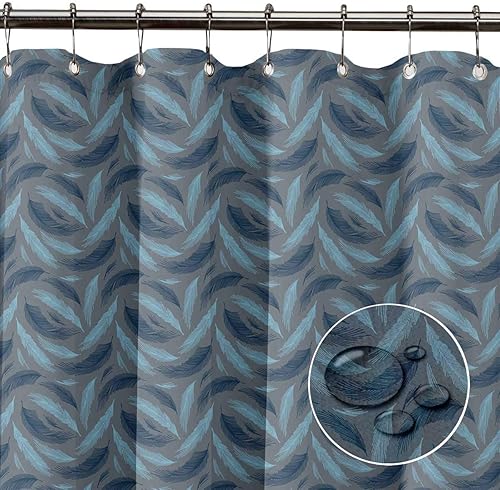 Miniatura 6 de S4Sassy Cortina de ducha de baño repelente al agua de hojas de palma azul con ganchos de anillos de rodillo, 60 x 75 pulgadas