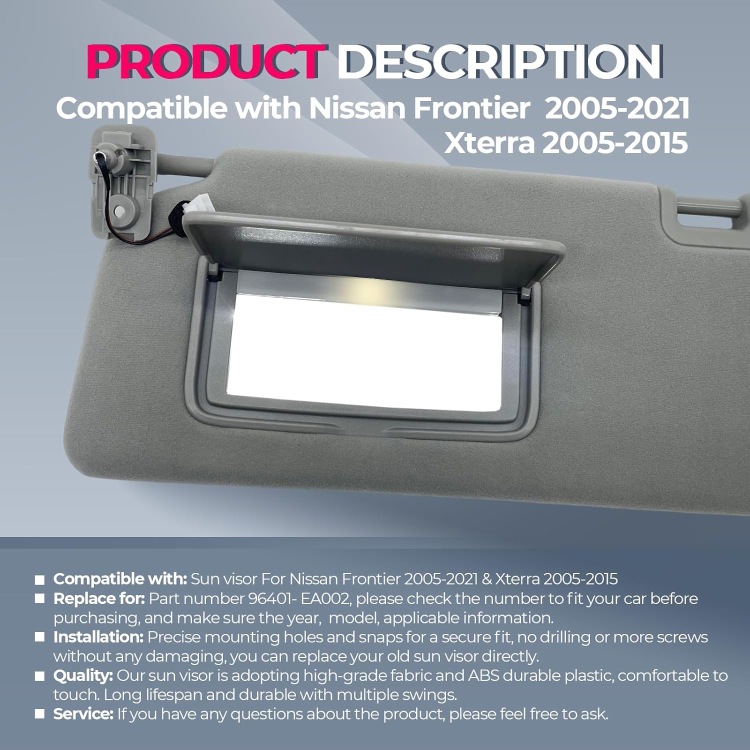 Left Driver Side Sun Visor with Light Replacement Fits for 2005-2015 Nissan Xterra 2005-2021 Nissan Frontier #96401- EA002 96400- EA002 Gary (Gray(Left Driver Side))