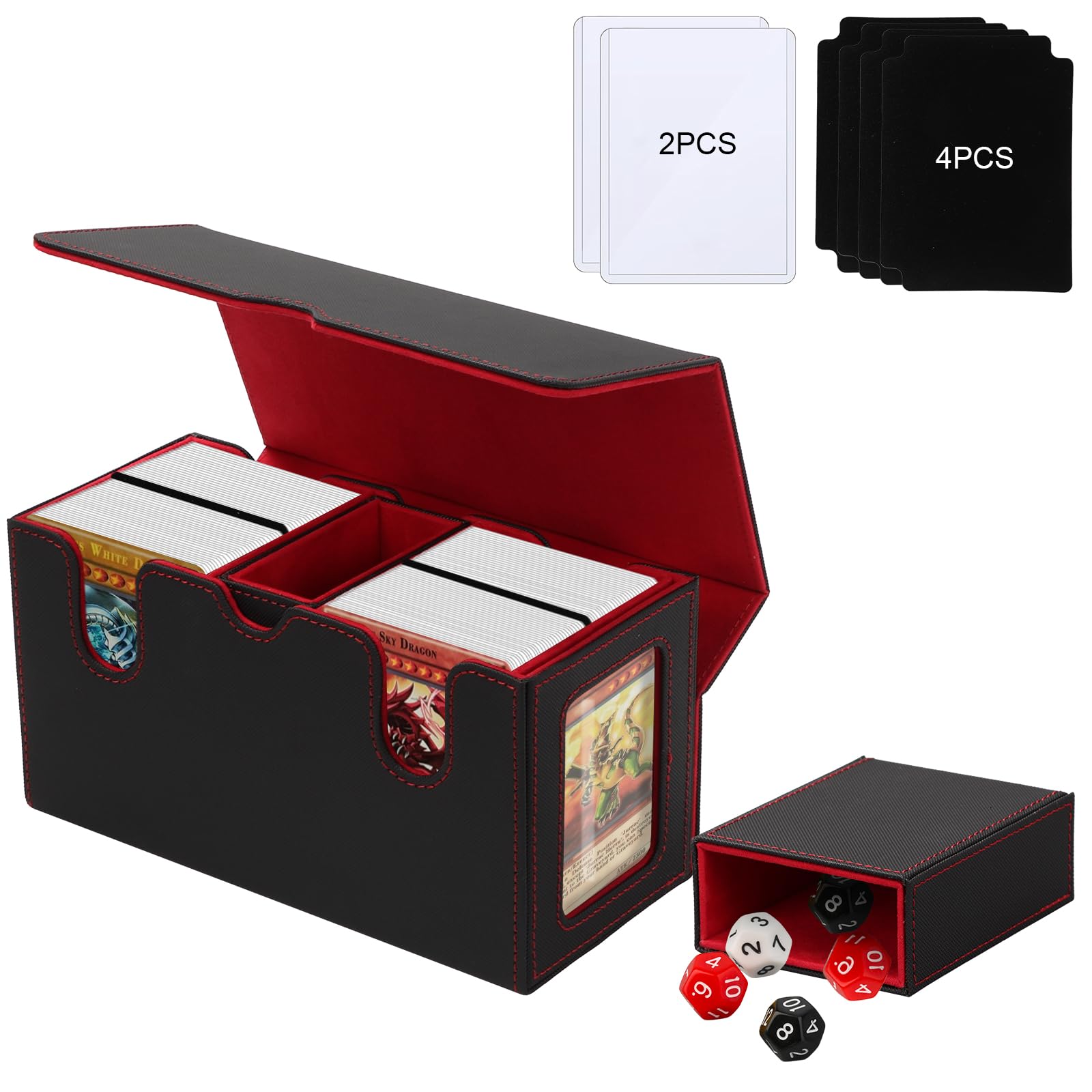 Tefola Caja de tarjetas de doble capa, caja magnética de alta calidad, caja de tarjetas de cuero con 4 divisores, capacidad para 200 tarjetas, caja de mazo Commander, compatible con tarjetas