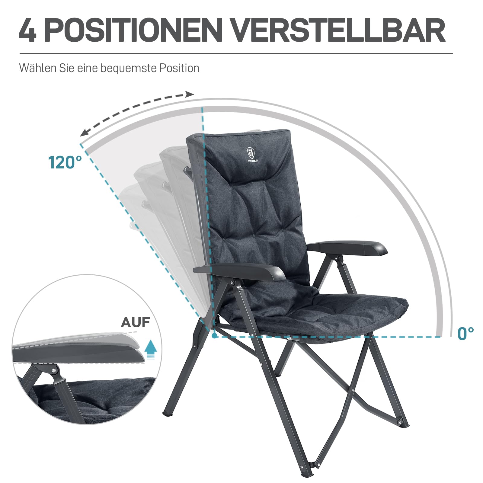 EVER ADVANCED Campingstuhl Faltbar Rückenverstellbar in 4 Positionen 150 KG Belastbarkeit Klappstuhl Luxus 6cm Dicke Gepolstert Gartenstuhl Hohe Lehne Angelstuhl für Camp Garten Balkon Alu+Stahl