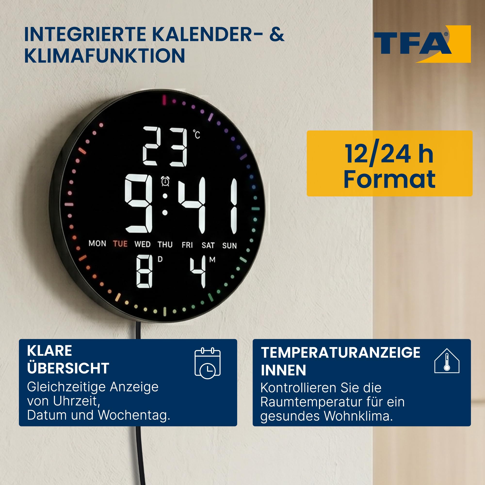 TFA Dostmann LED Wanduhr digital, 25,5 cm, Temperatur, Datum, Wecker | 60.4002 Mit Netzadapter, Kalenderanzeige, 12/24 H, 3 Helligkeitsstufen, weiße Ziffern, bunt, schwarz