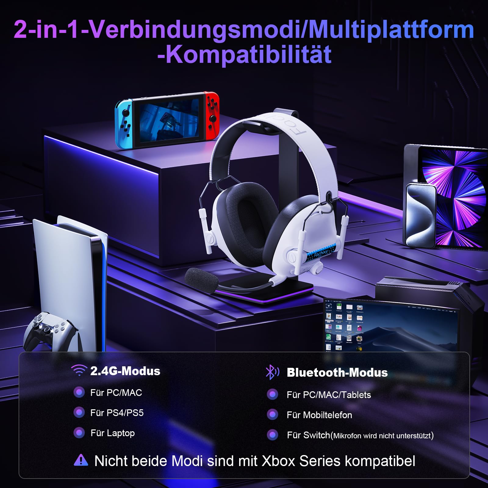 FC400 Wireless Gaming Headset, 2.4GHz Gaming Kopfhörer Kabellos mit Mikrofon für PS5, PS4, PC, Switch, Bluetooth 5.4 Gaming Headset, Geringe Latenz Noise Cancelling, mit LED Licht, 50H Akkulaufzeit