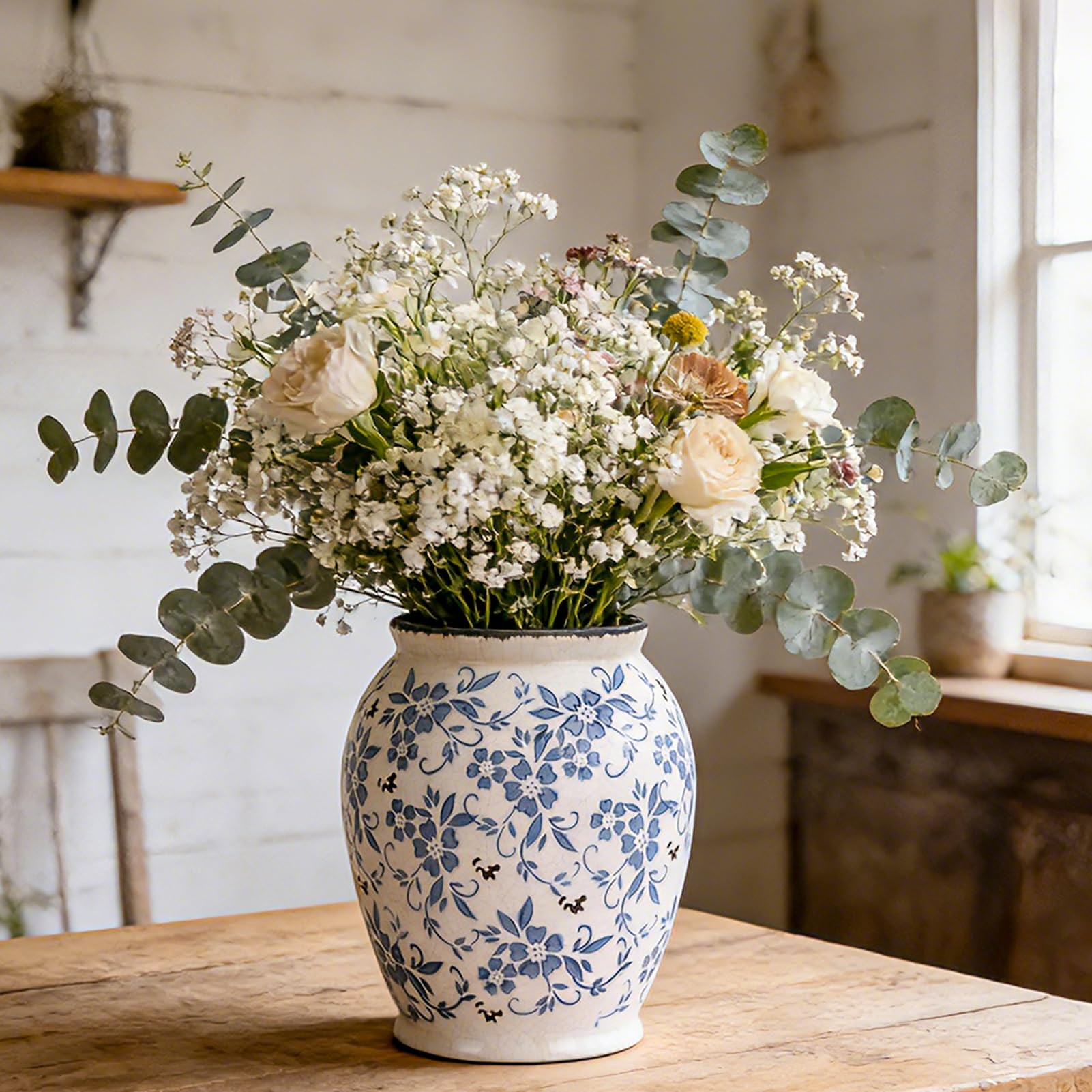 orenm Vase Ceramic Blue White - Decorative Vase Vintage, Porcelain